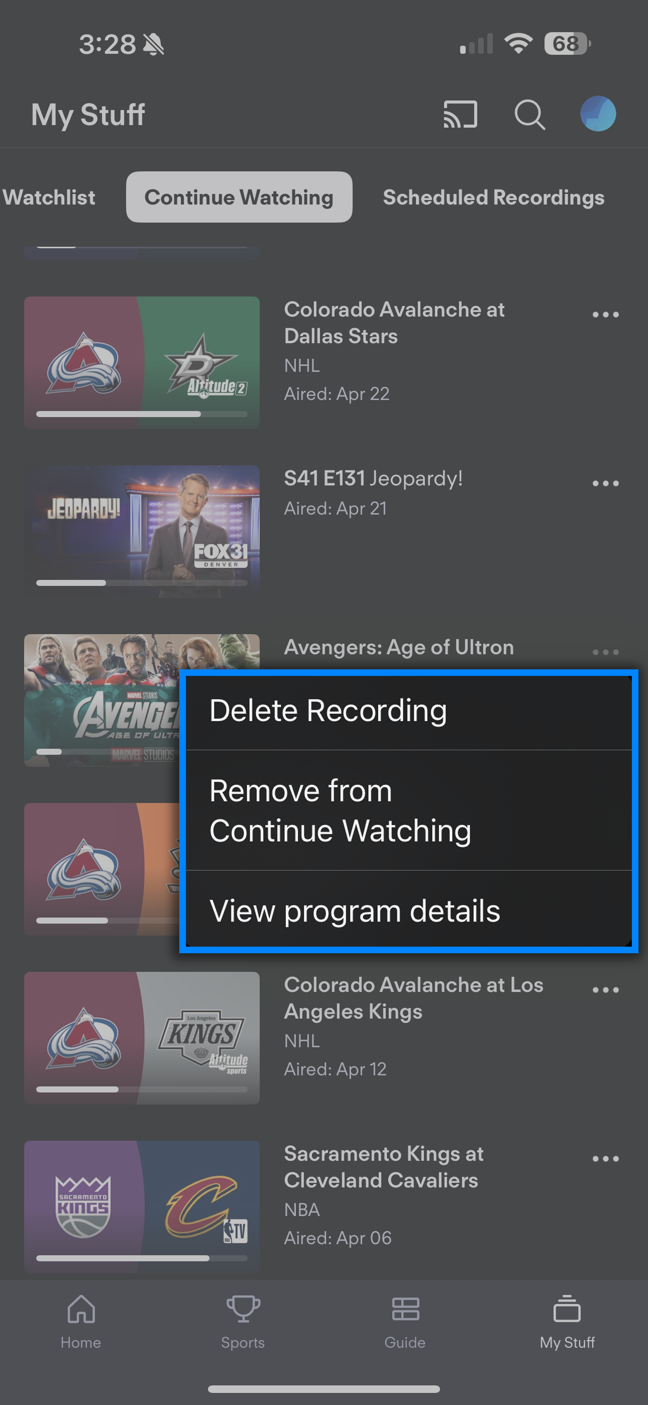 Removing a program from Continue Watching on the Fubo app for a mobile device