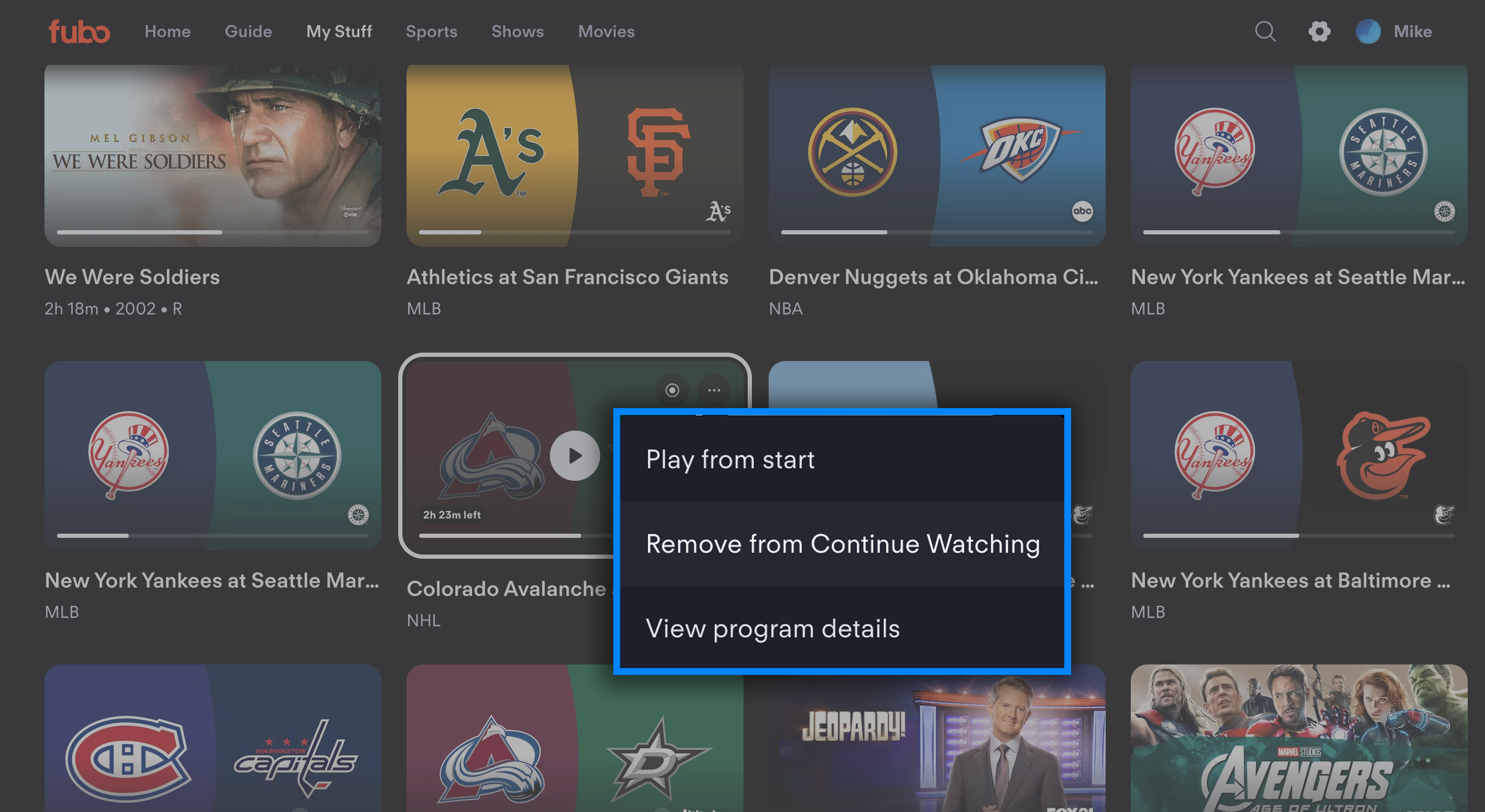 Removing a program from Continue Watching on the Fubo web browser player