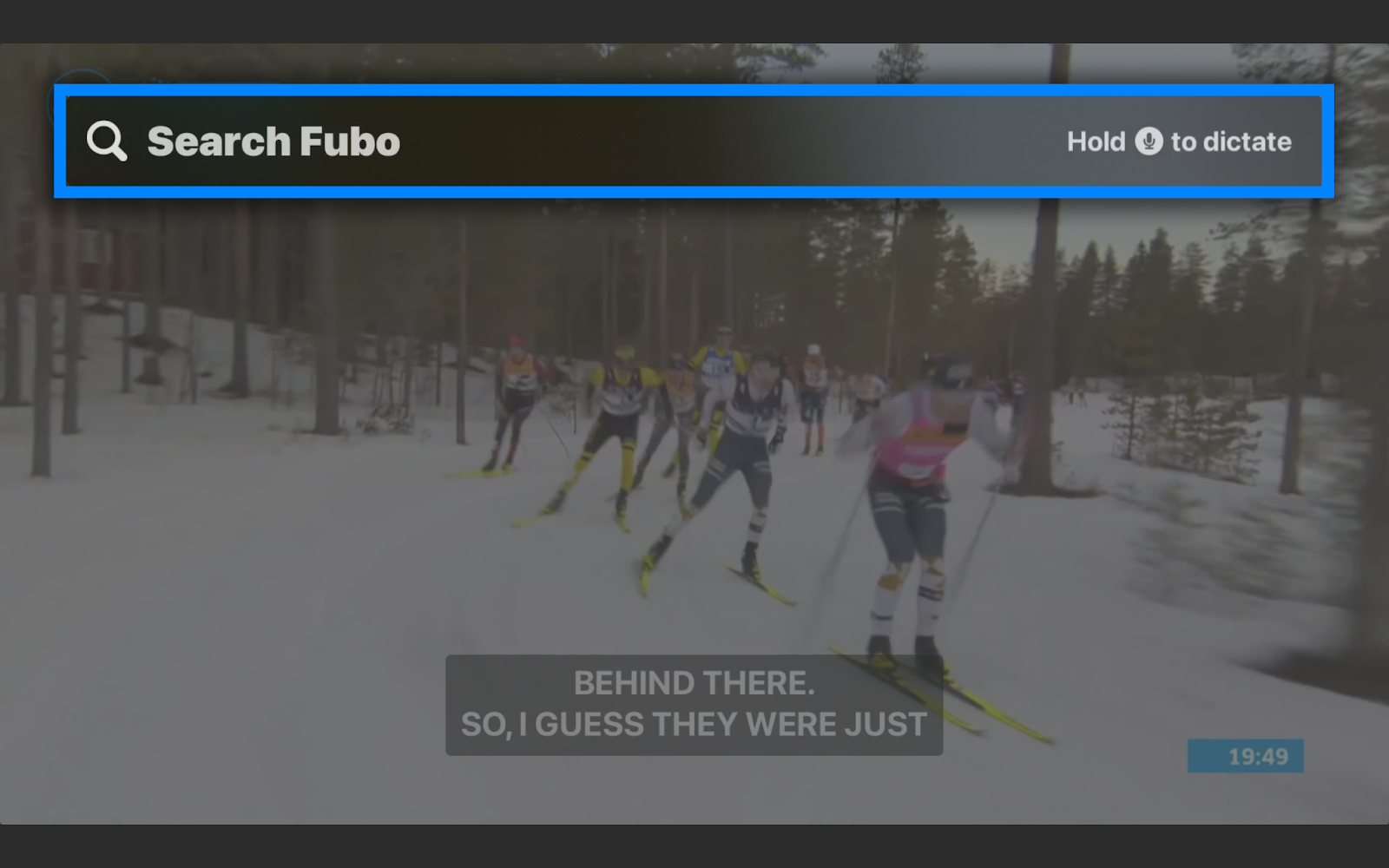 The dictation menu of the Fubo app on Apple TV; open Dictation by pressing and releasing the Microphone button
