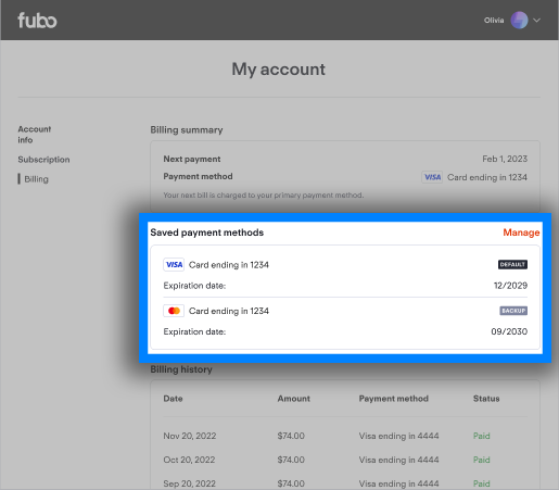 payment methods management on fubo.tv
