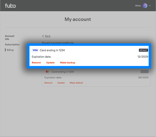 available options to manage payment methods, including swapping between default and backup, updating, or removing