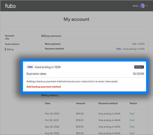 Saved payment methods on a Fubo account with the option to add a backup payment method