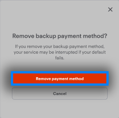 confirmation screen for removing a payment method from fubo.tv