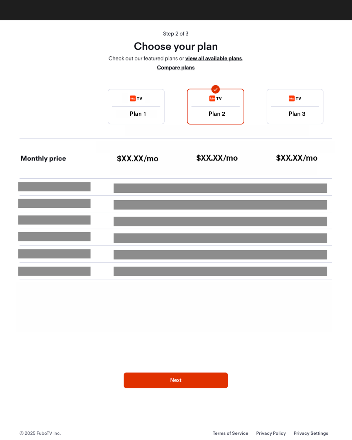 Plan selection screen of fubo.tv; choose a featured plan or select view all to see more plan options