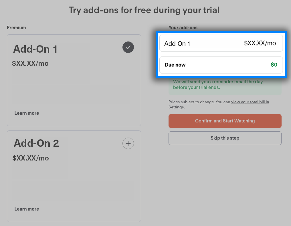 amount due for an add-on at the end of a free trial