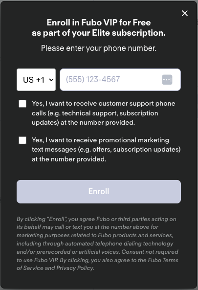 pantalla de ingreso de número de teléfono para Fubo VIP, visible después de completar el registro en el plan Elite o un plan de nivel superior