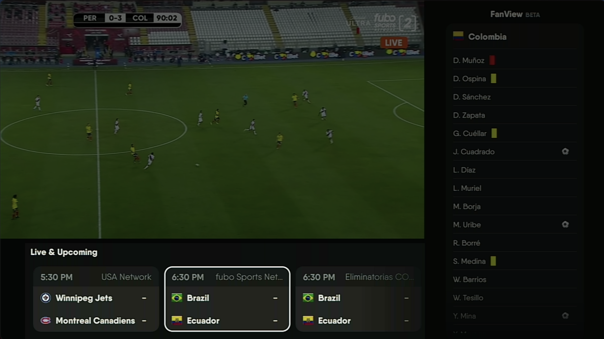 FanView on the FuboTV app for Amazon Fire TV with scoreboard highlighted at bottom of screen