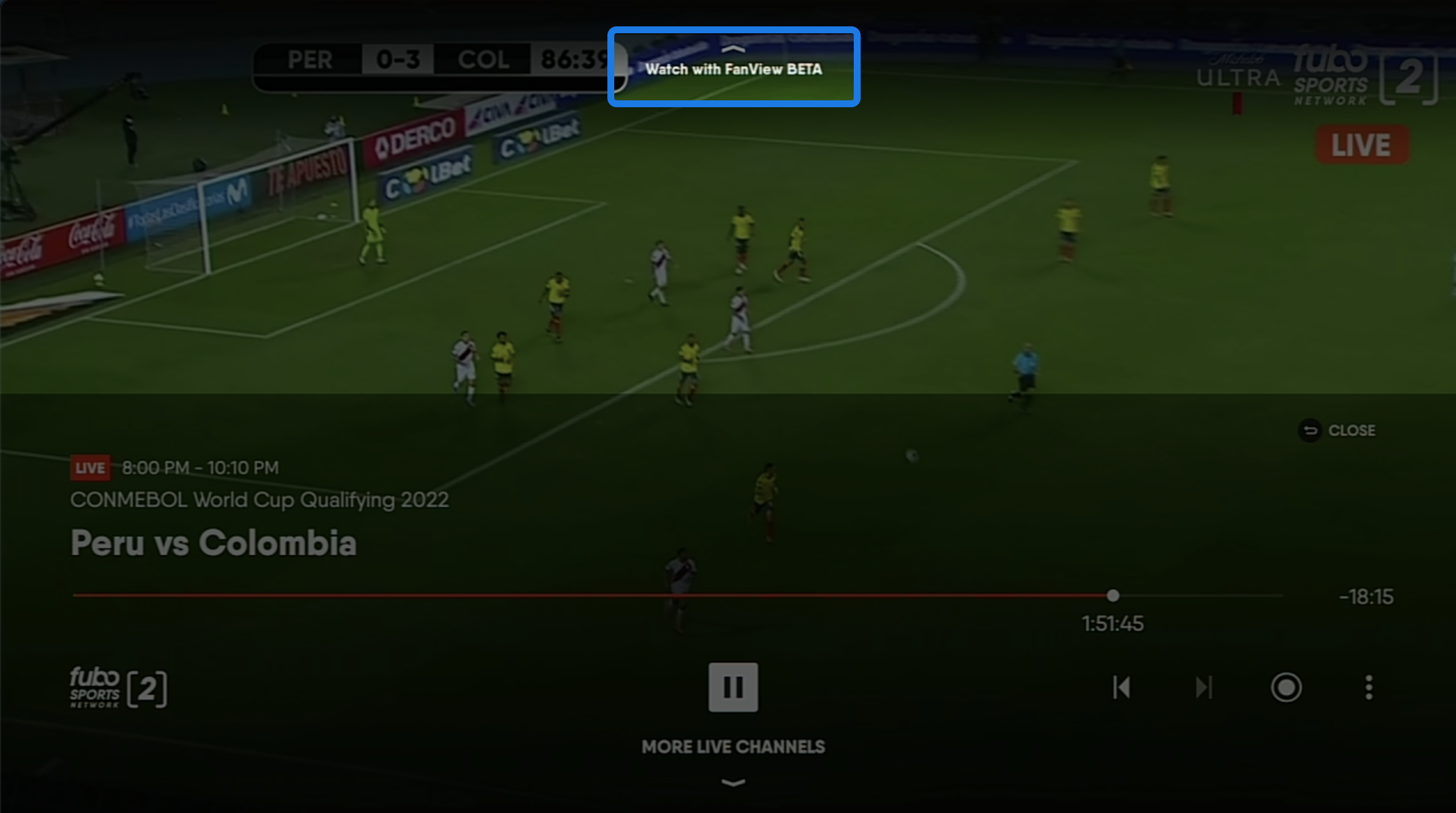 Live video on the FuboTV app for Amazon Fire TV with the FanView toggle showing; press up on the remote to enable FanView