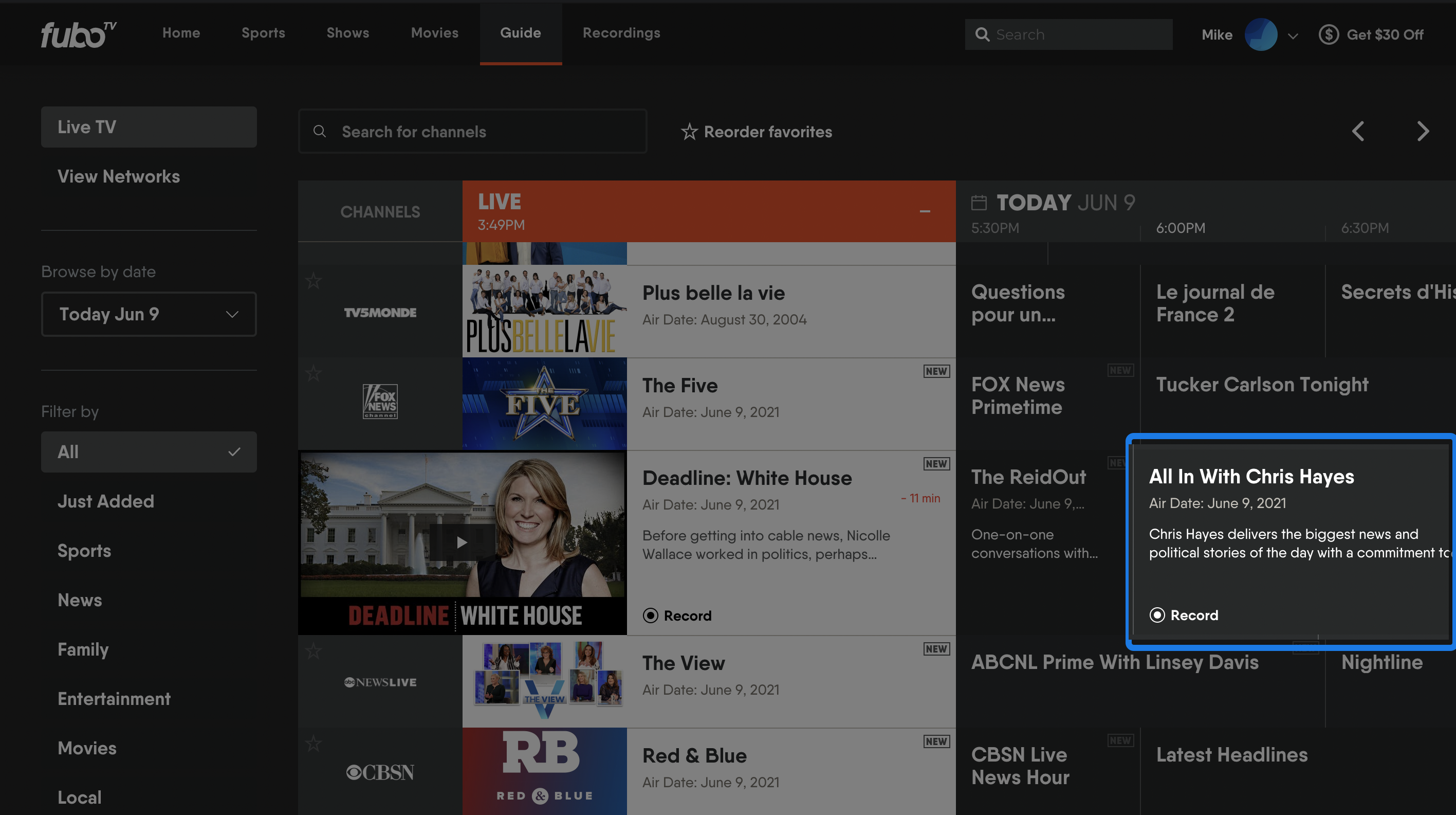 Channel guide for the FuboTV browser app with an upcoming program highlighted