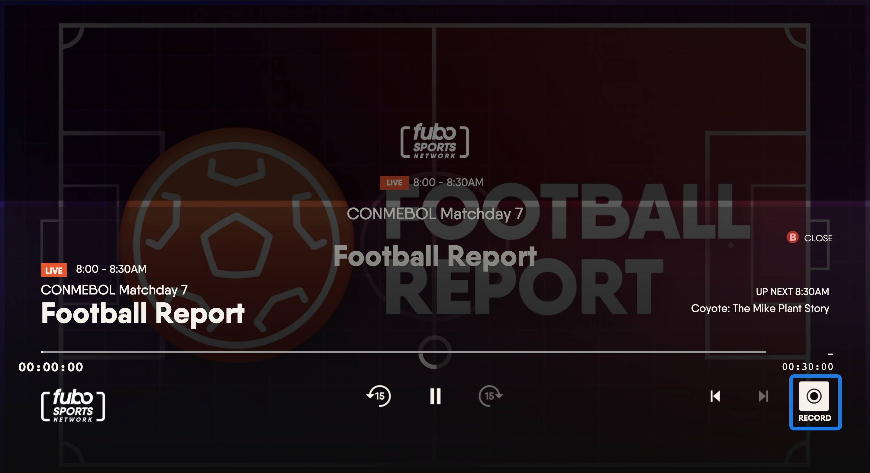 Player controls for the FuboTV app on Xbox with the RECORD option highlighted