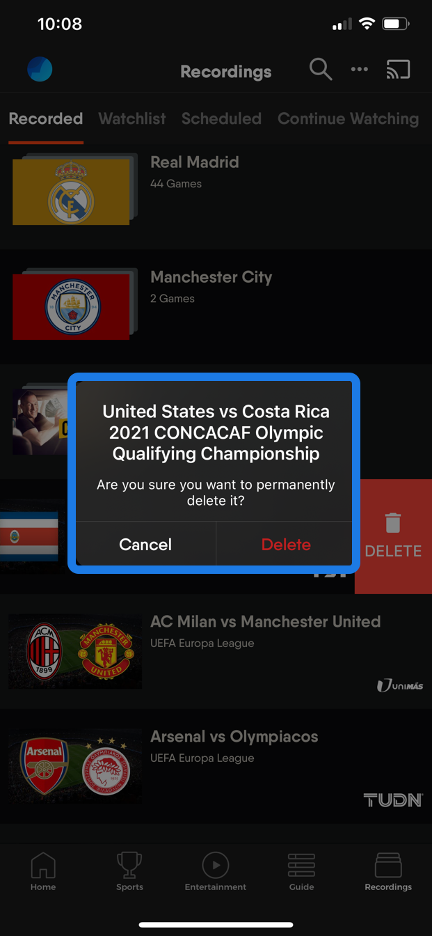 Single recording deletion confirmation pop-up of the FuboTV app on an iOS device