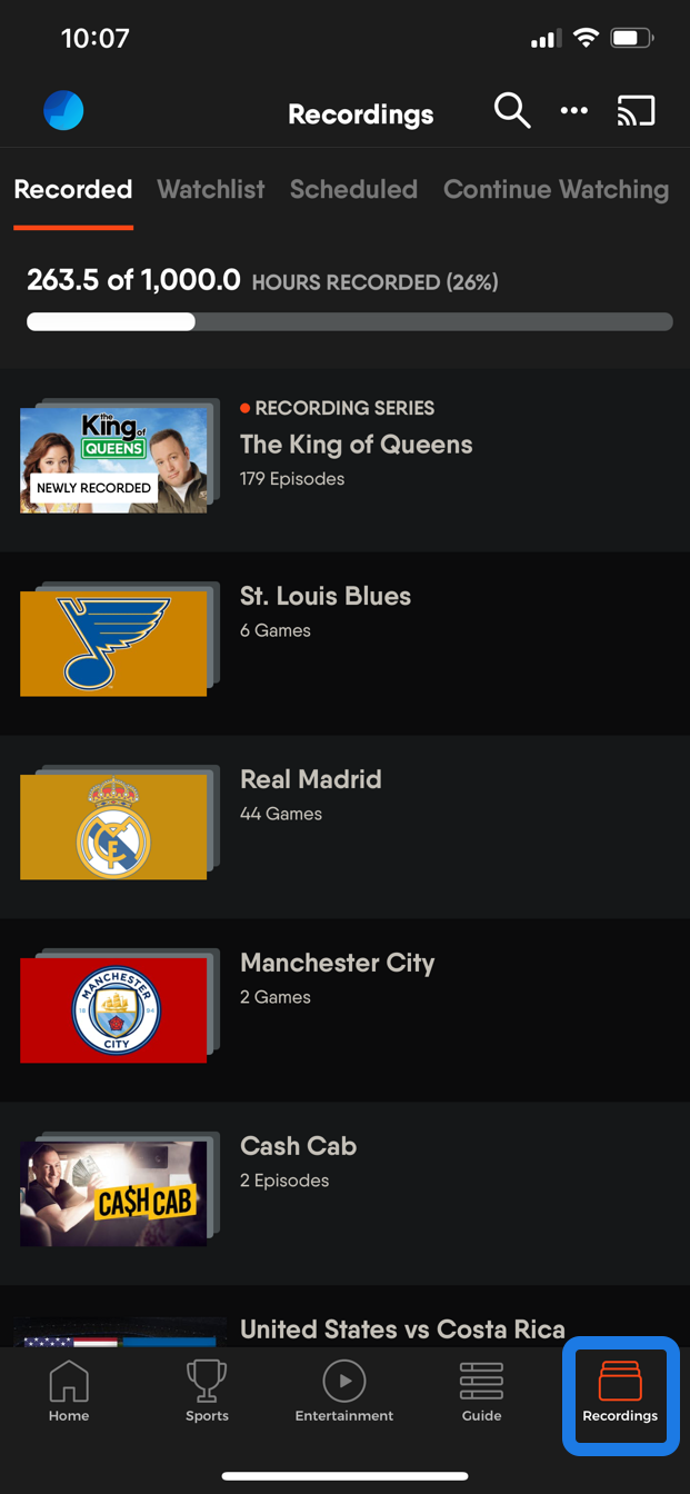 The home screen of the FuboTV app on an iOS device with the Recordings menu item highlighted