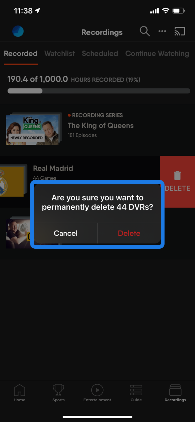 Bulk deletion confirmation screen of the FuboTV app on an iOS device