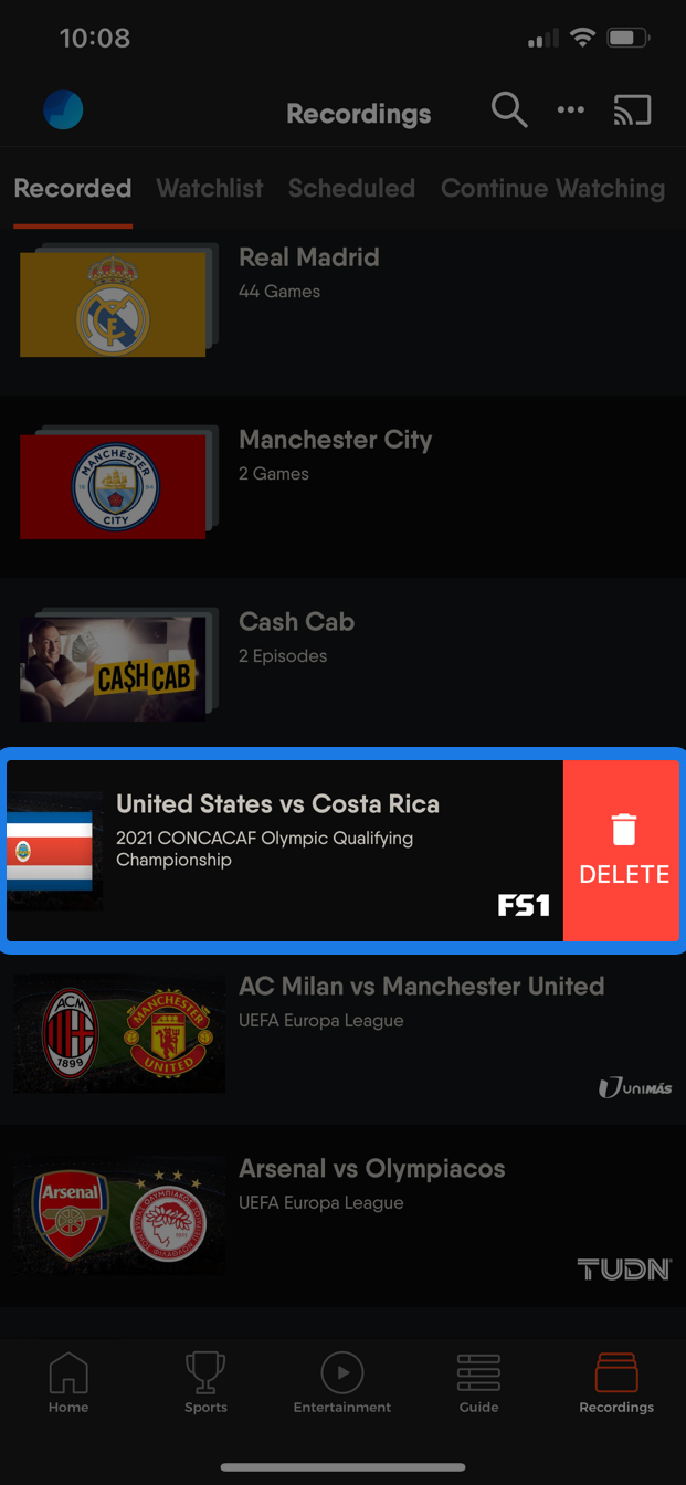 The Recordings screen of the FuboTV app on an iOS device with the delete button shown