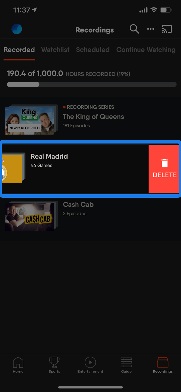 Highlighted recordings folder of the FuboTV app on an iOS device with the delete button shown