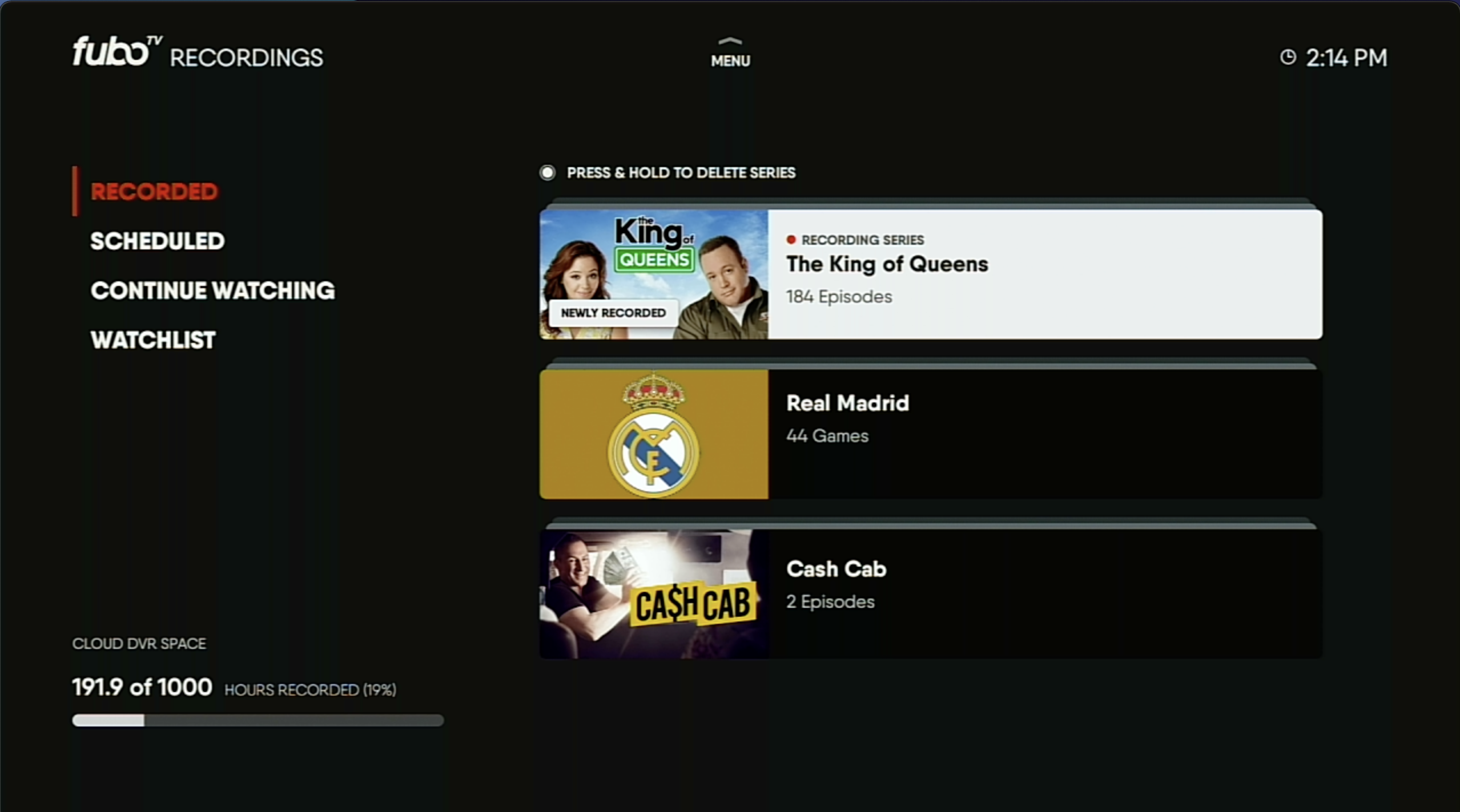 Recordings screen from the FuboTV app on Android TV with King of Queens highlighted