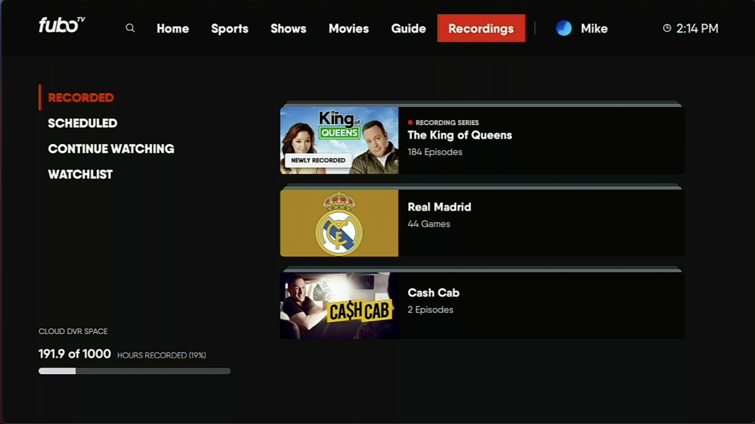 The Recordings option from the top menu of the FuboTV app on an Android TV is highlighted