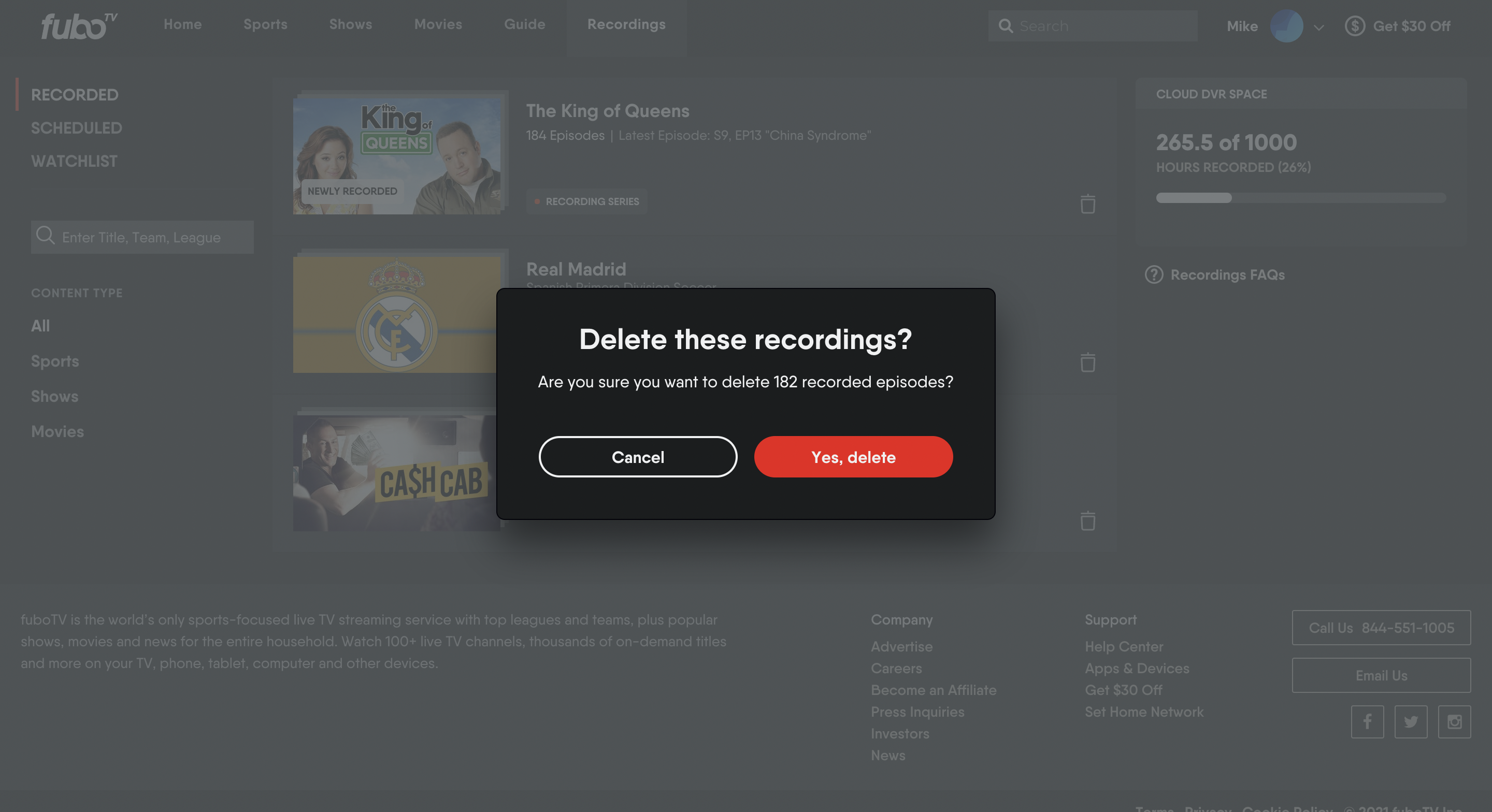 Recording deletion confirmation screen of the FuboTV app on a web browser with Yes, delete highlighted