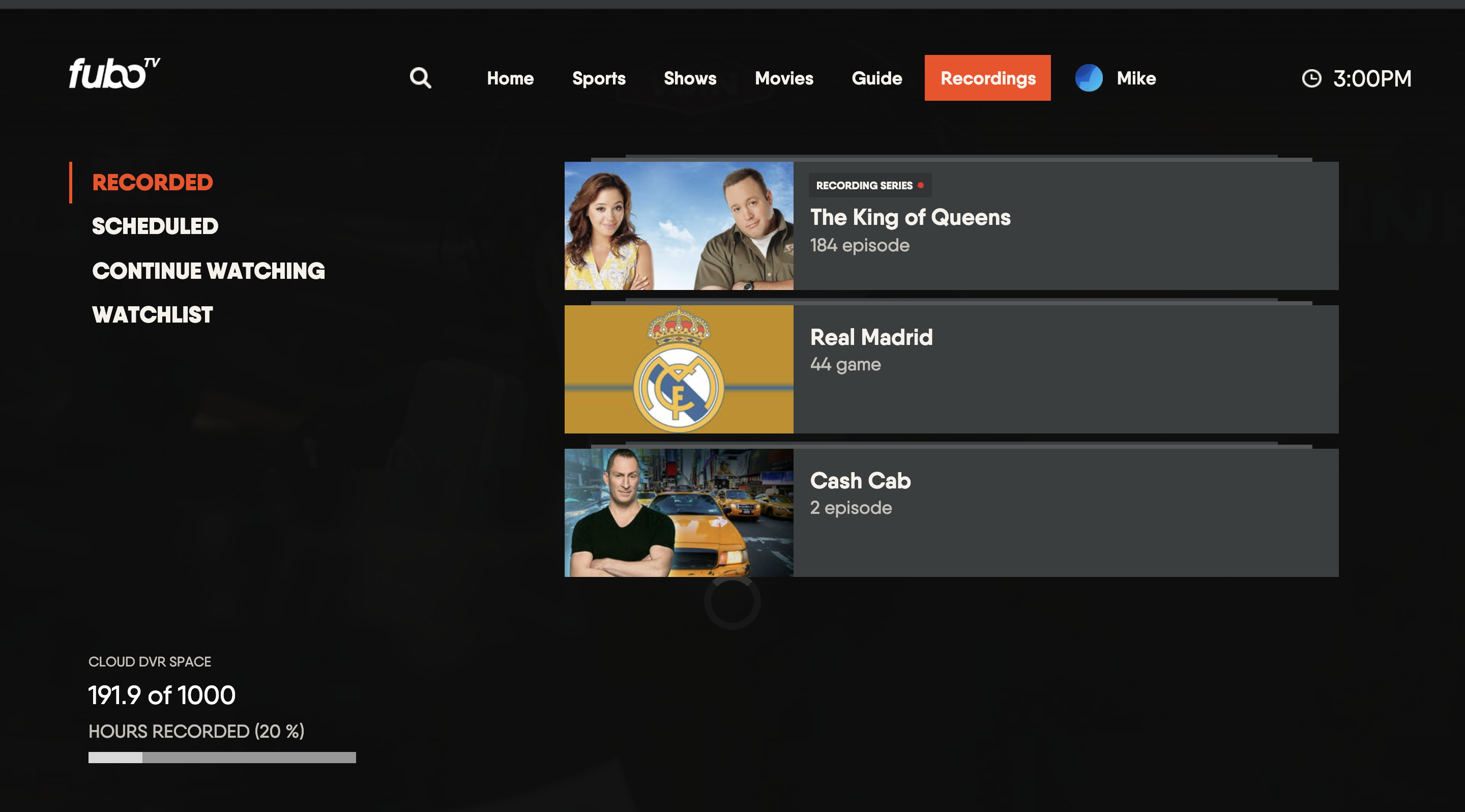 RECORDINGS screen of the FuboTV app on an Xbox console