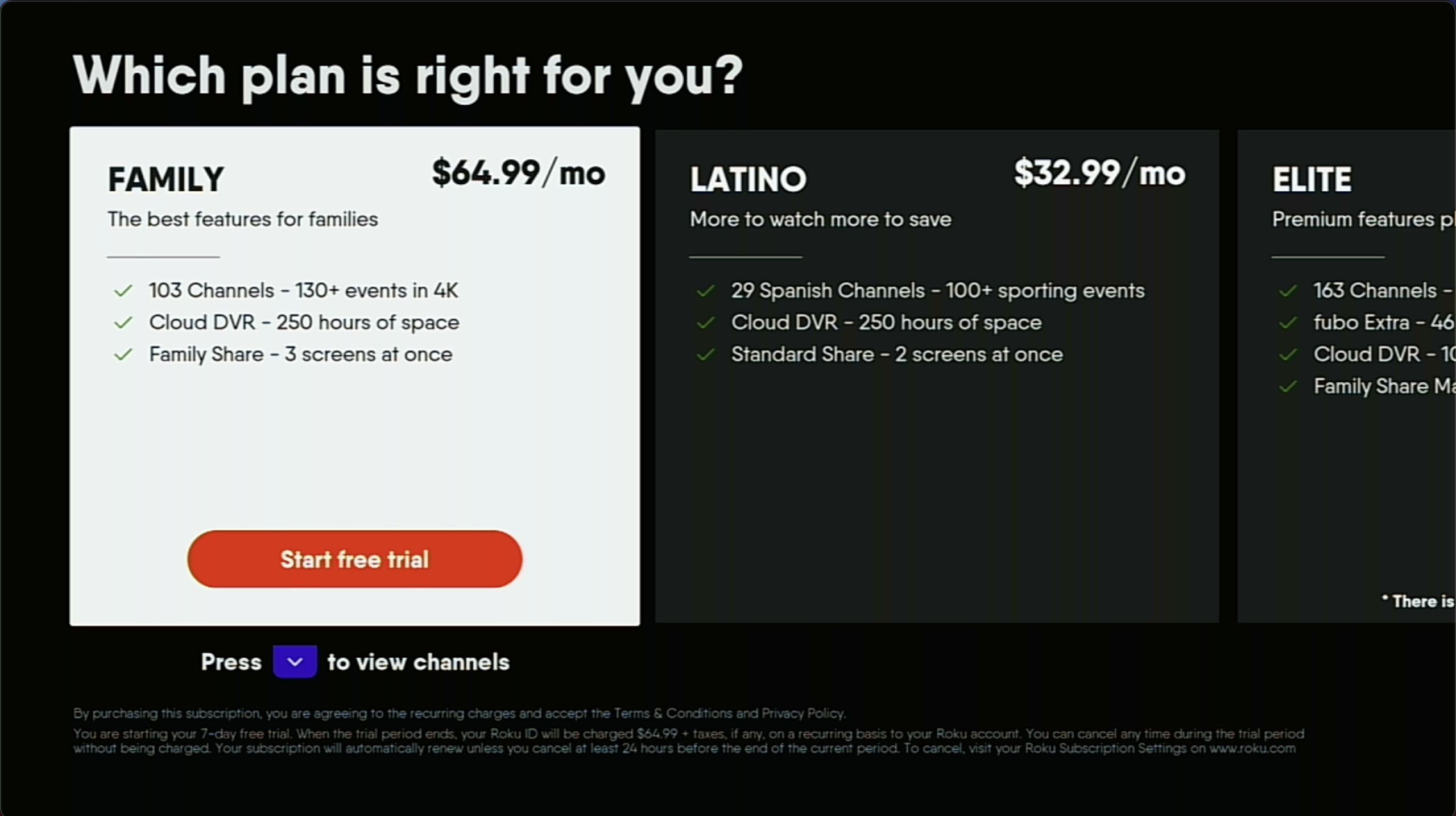 Plan selection screen for Roku-billed FuboTV accounts; note that the plans shown in this image may not be available