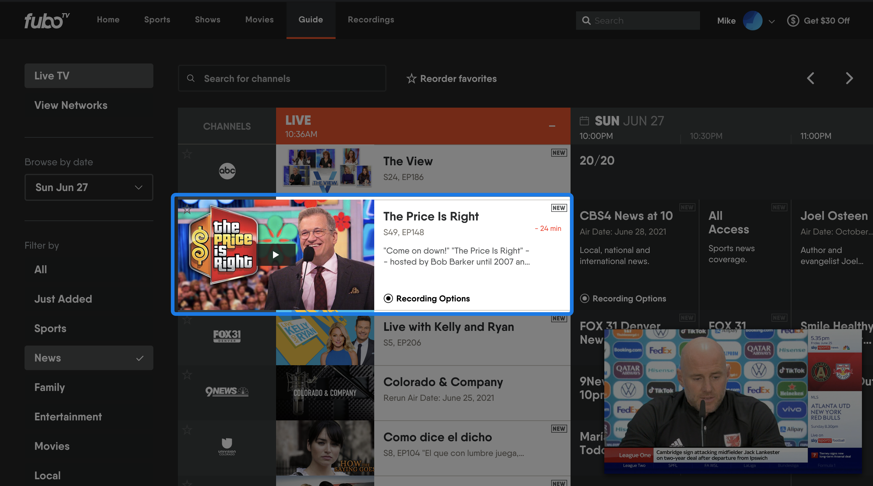 Browsing the FuboTV browser guide for a new program with the mini-player in the lower-right corner