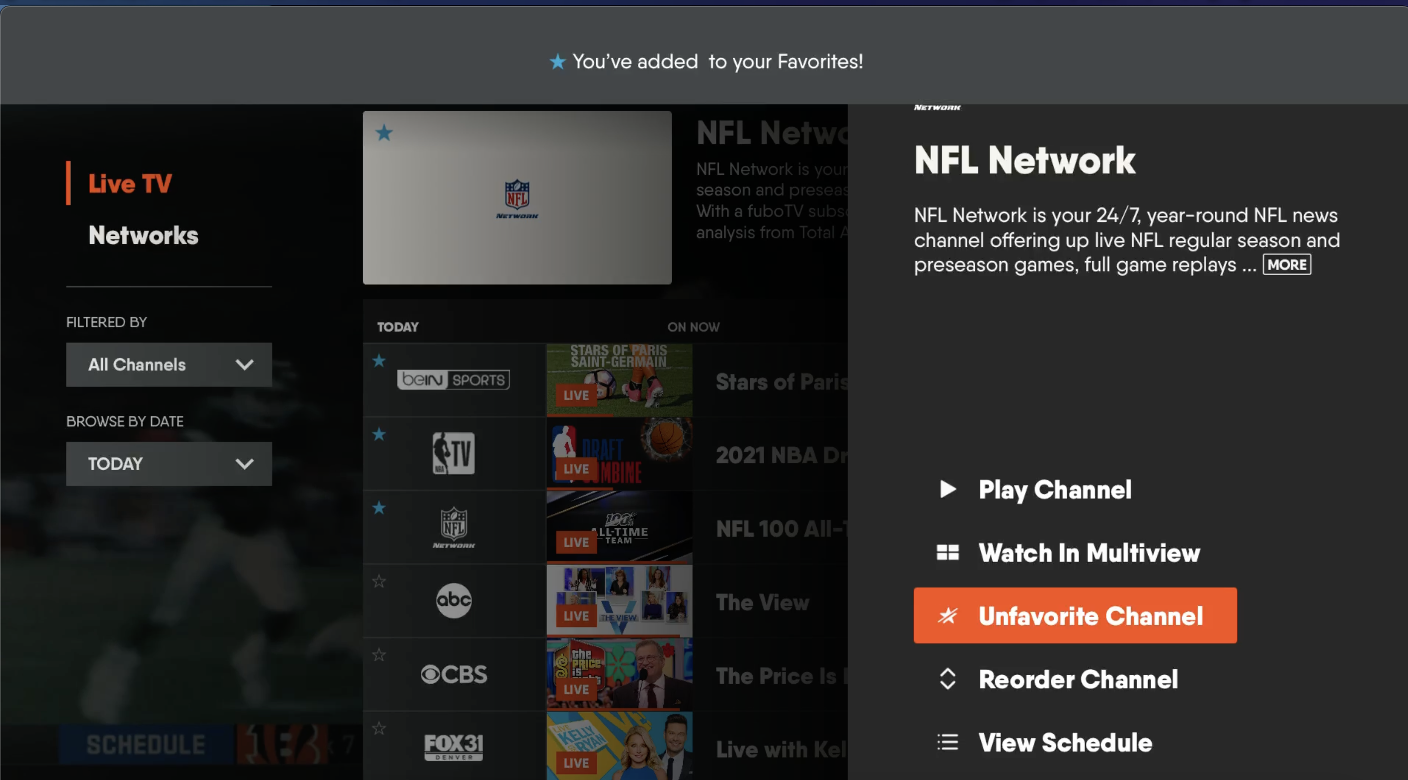 GUIDE screen for the FuboTV app on Apple TV with channel information shown and UNFAVORITE CHANNEL highlighted; banner at the top informing that a channel has been added to favorites
