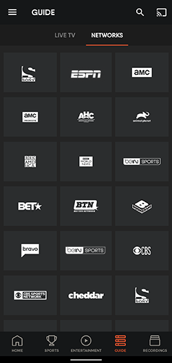 NETWORKS tab of the FuboTV app on Android mobile, accessible from the GUIDE; use this screen to view all available subscribed channels