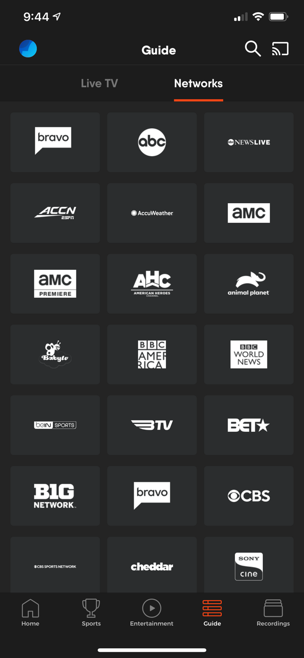 NETWORKS screen of the FuboTV app on iOS with different available channels shown