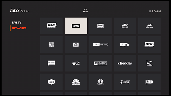 NETWORKS screen of the FuboTV app on Amazon Fire TV showing available channels, accessible from the GUIDE