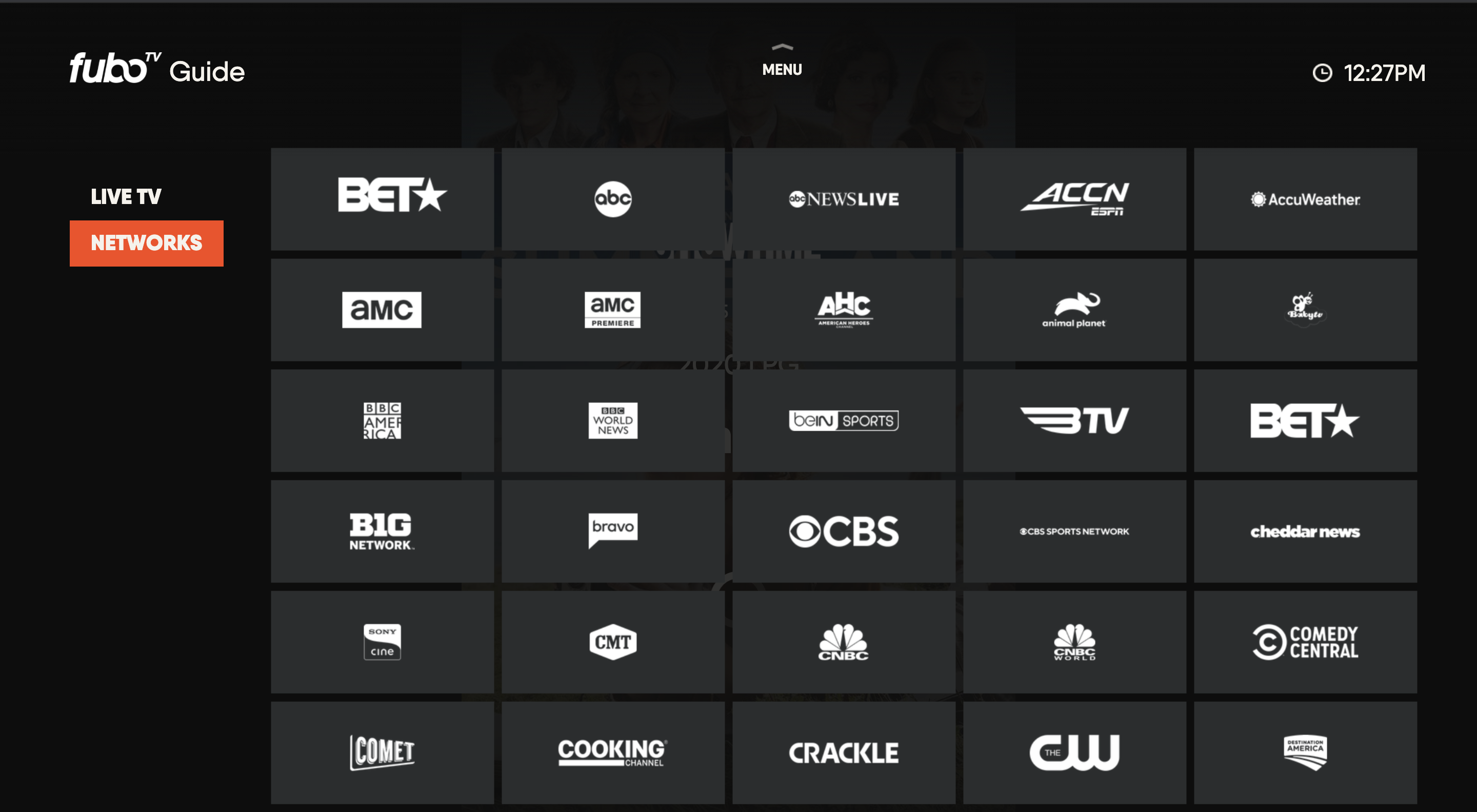 The NETWORKS screen of the FuboTV app on Samsung TV; accessible from the GUIDE screen, it shows available channels