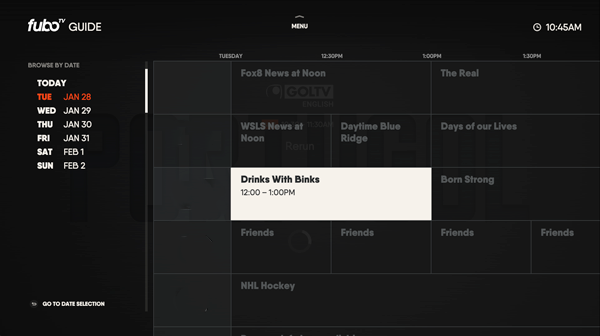 Channel guide for the FuboTV app on Samsung TV with an upcoming event highlighted