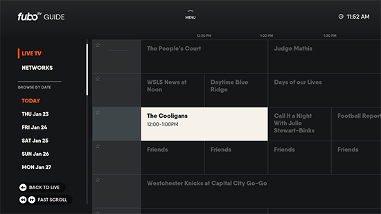 The channel guide for the FuboTV app on Roku with an upcoming event highlighted