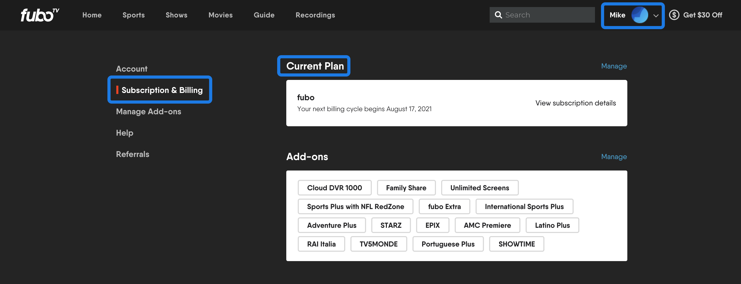 SUBSCRIPTION AND BILLING page for a FuboTV account