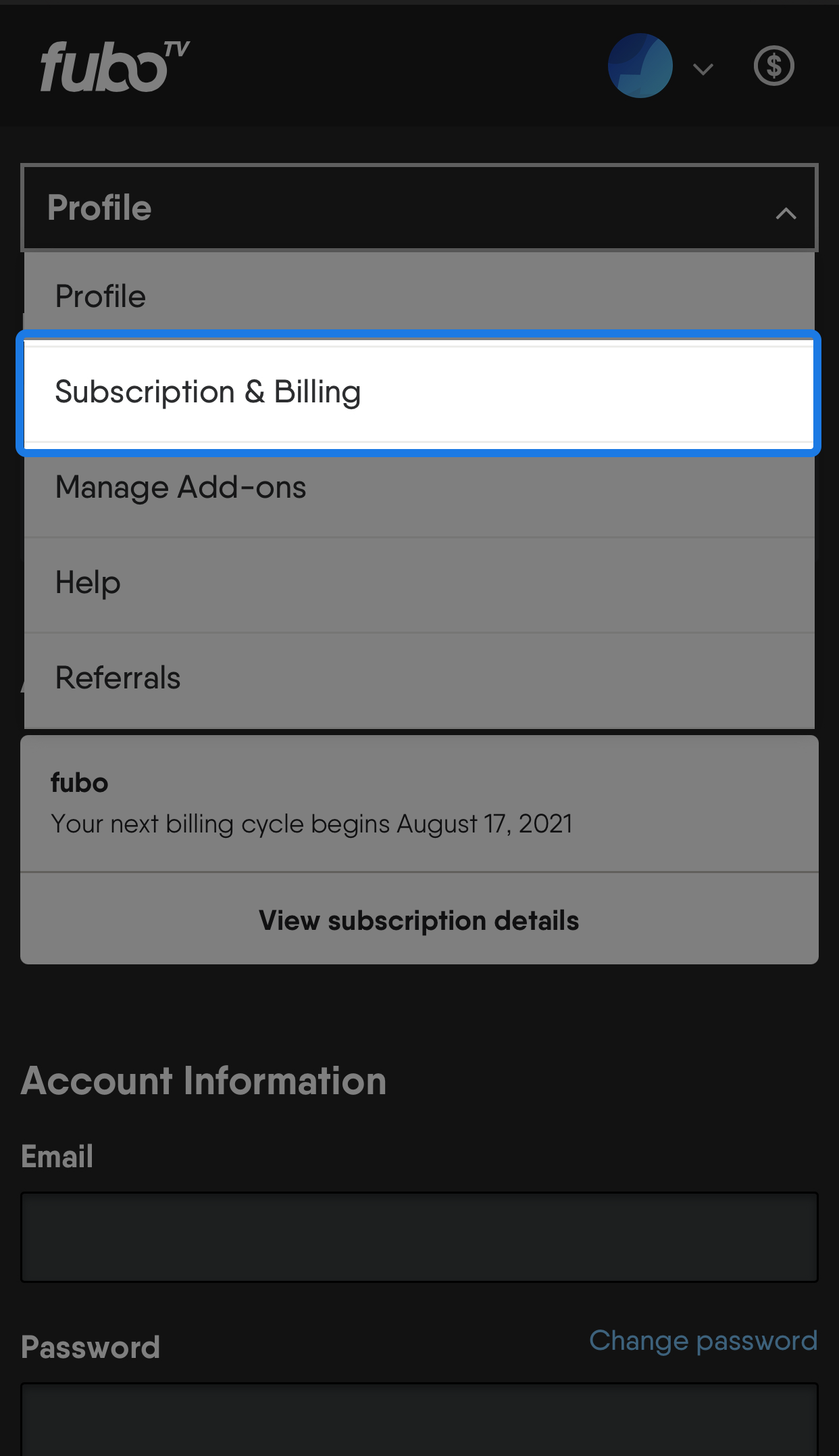 Account options drop-down on the FuboTV website for a mobile device with SUBSCRIPTION AND BILLING highlighted