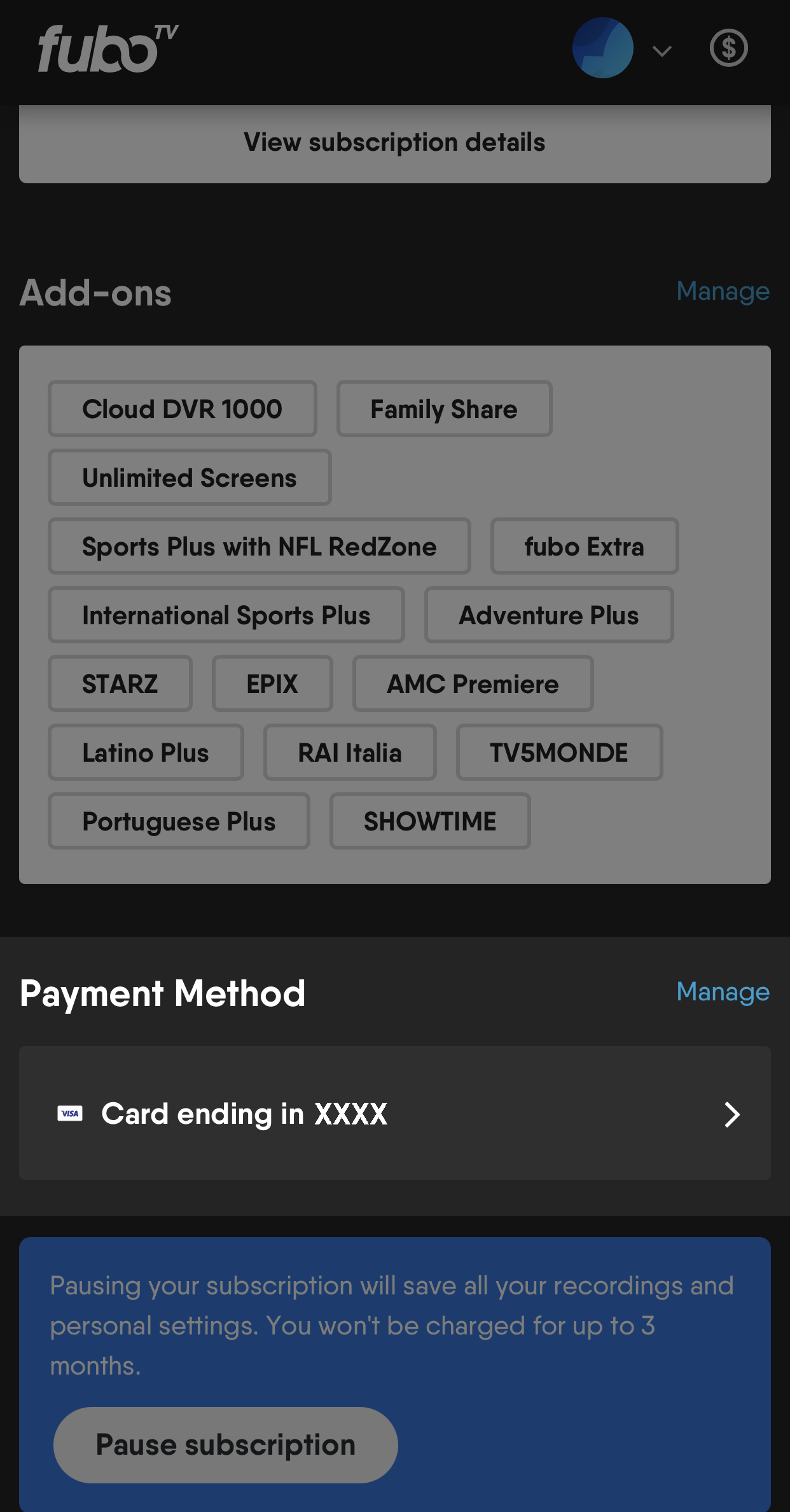 FuboTV SUBSCRIPTION AND BILLING page on a mobile device with PAYMENT METHOD window highlighted; select MANAGE to update payment method