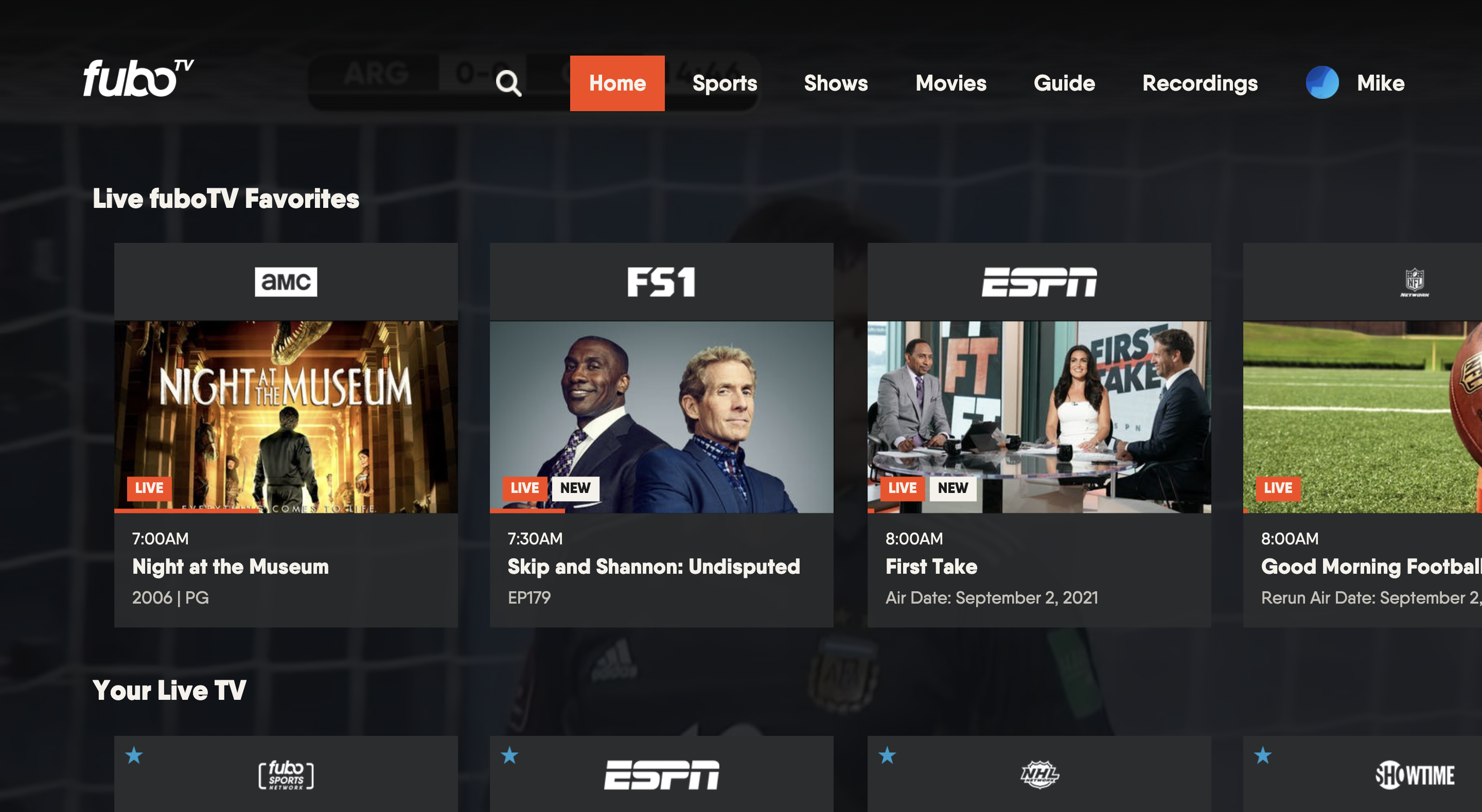 HOME screen of the FuboTV app on Xbox