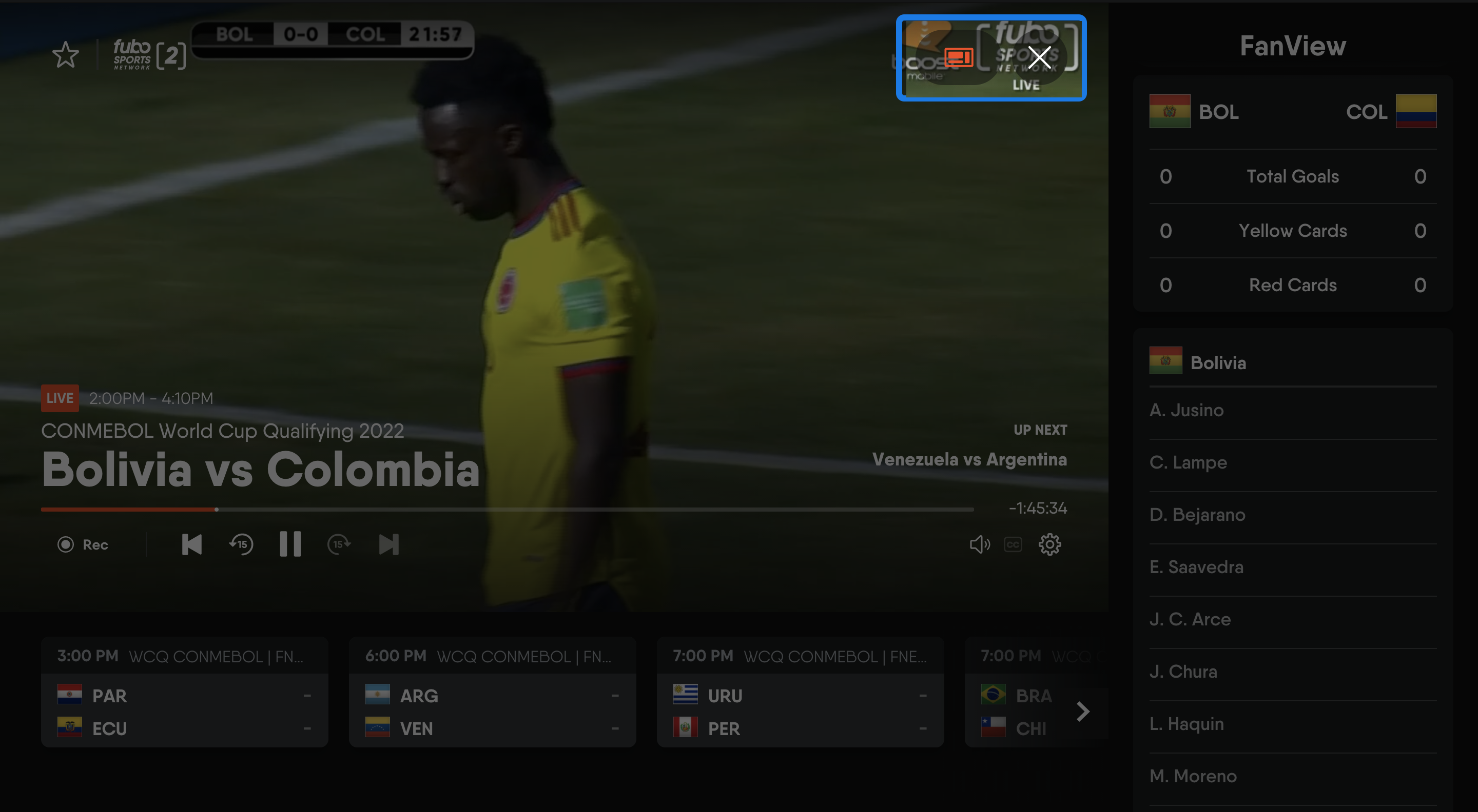 Watching FuboTV on a browser with FanView enabled; toggle at top-right highlighted - click to disable FanView