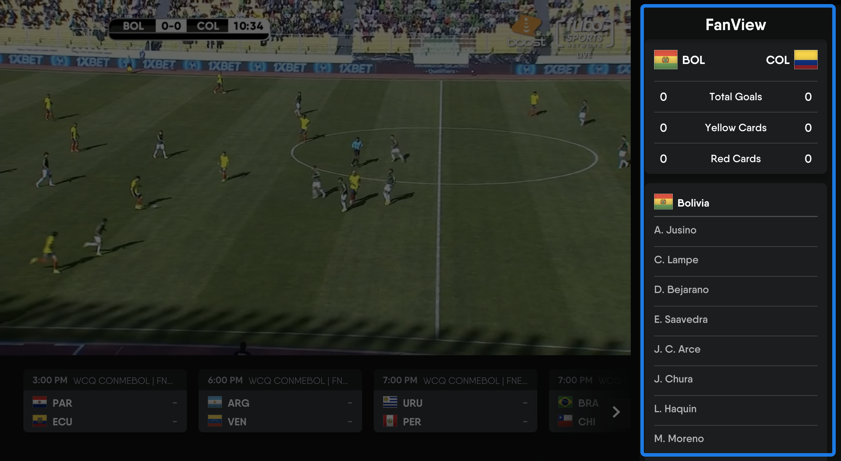 Watching FuboTV on a browser with FanView enabled; game stats highlighted along right of screen