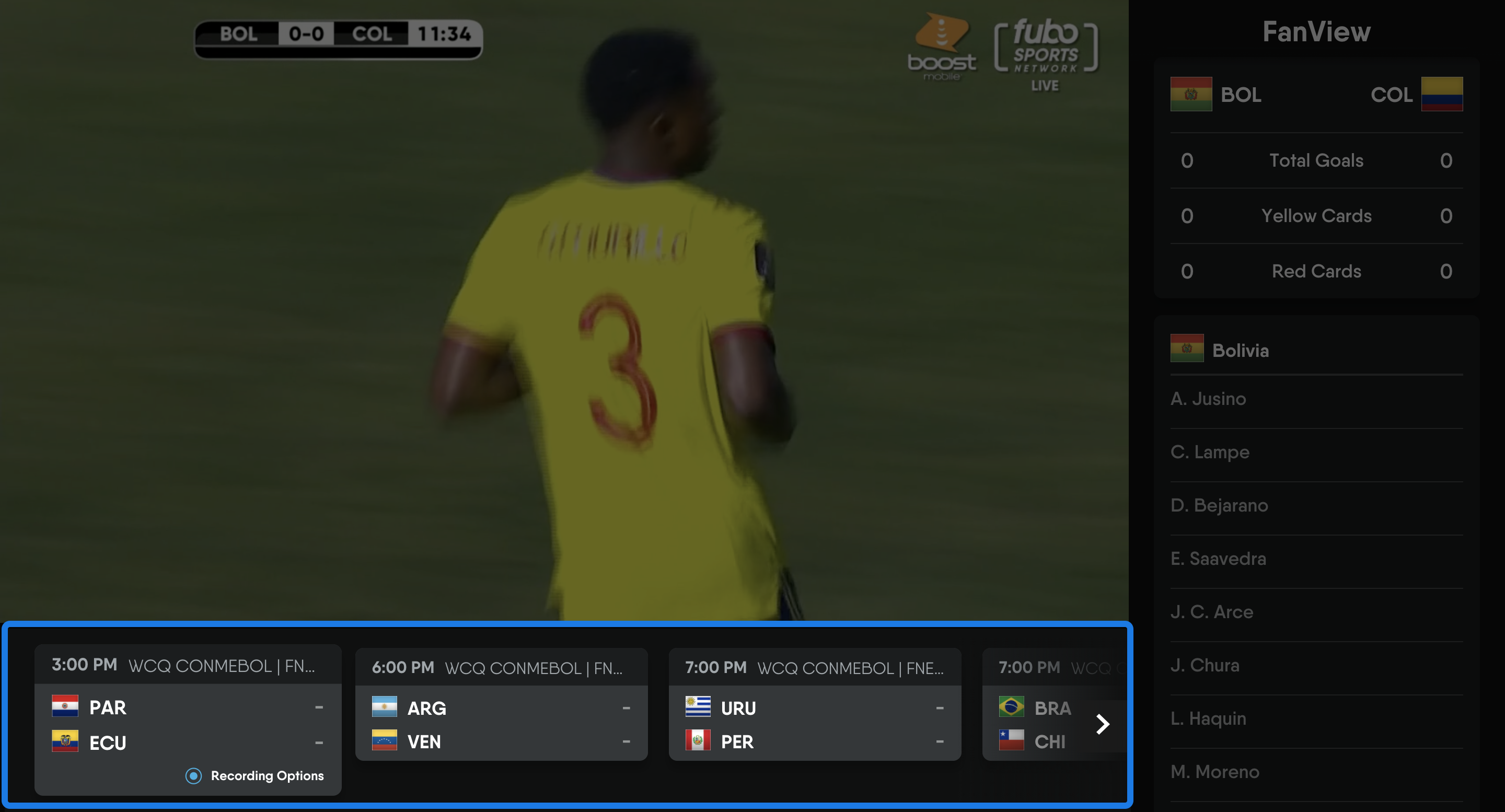 Watching FuboTV on a browser with FanView enabled; scoreboard at bottom of screen highlighted