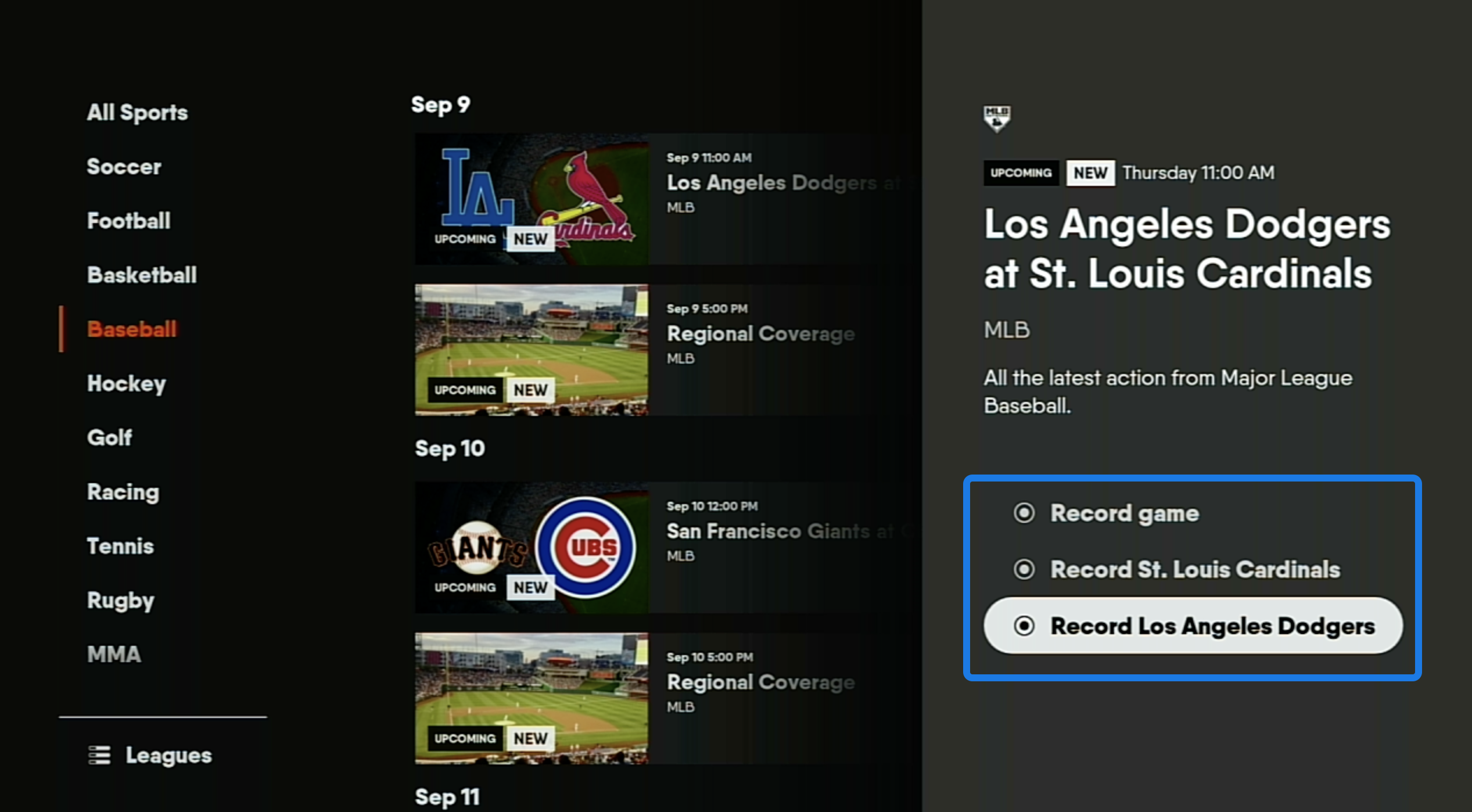 Program information on the SPORTS screen for an upcoming baseball game on the FuboTV app for Roku with RECORDING OPTIONS selected and RECORD LOS ANGELES DODGERS highlighted