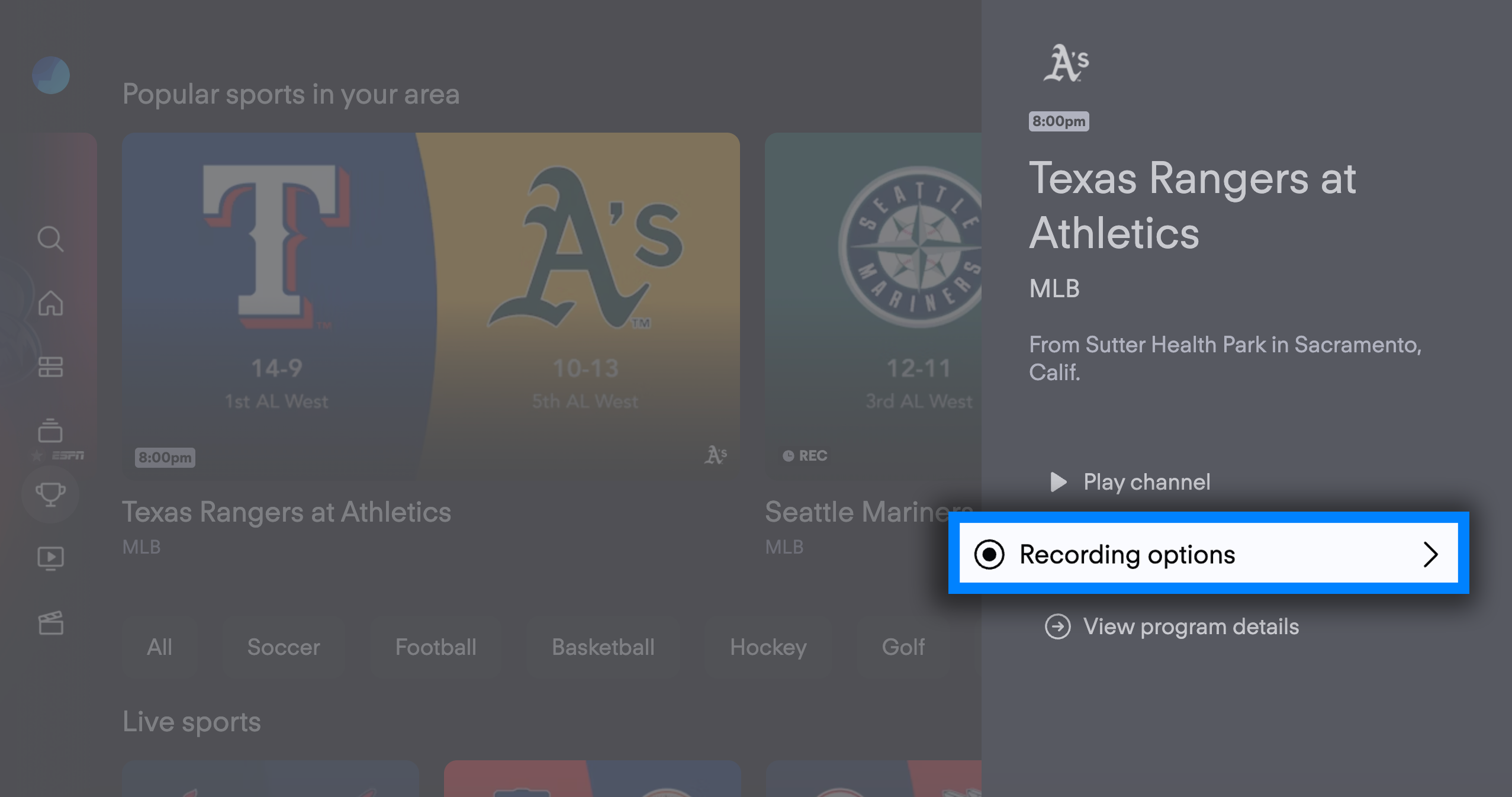 Program information screen for an upcoming baseball game on the FuboTV app for Amazon Fire TV with RECORDING OPTIONS highlighted