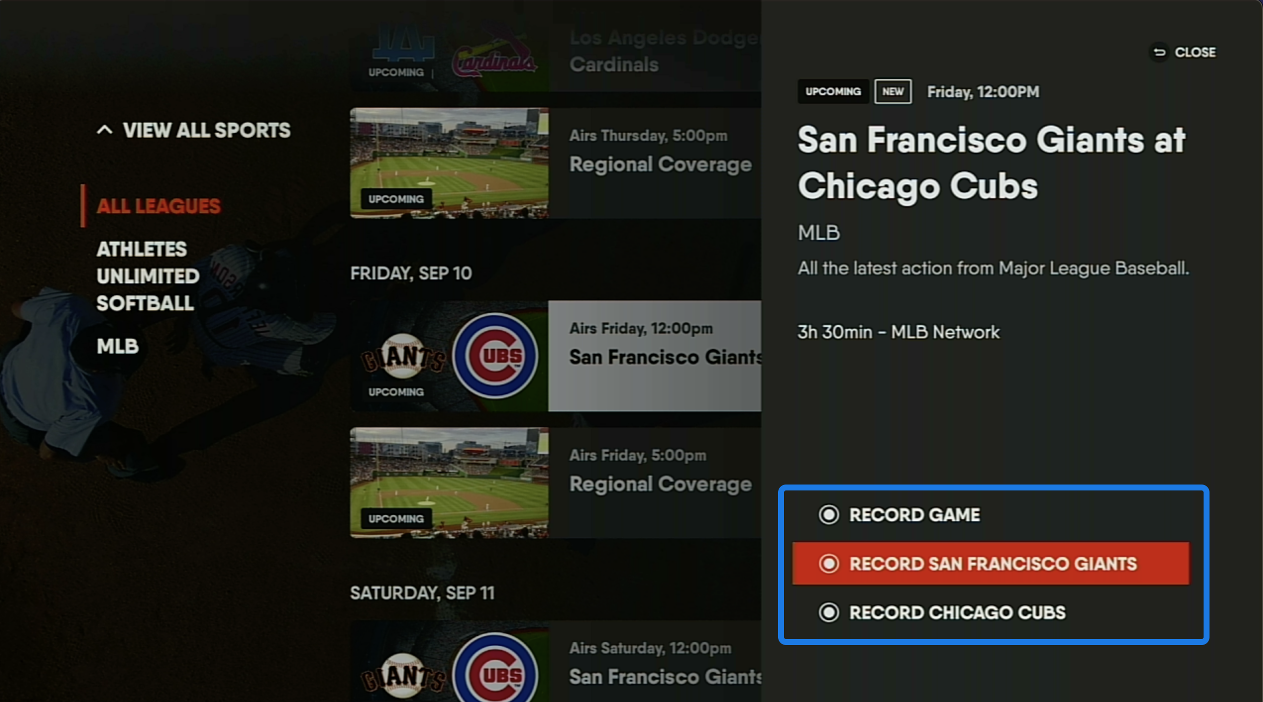 Program information screen for an upcoming baseball game on the FuboTV app for Amazon Fire TV with RECORDING OPTIONS highlighted