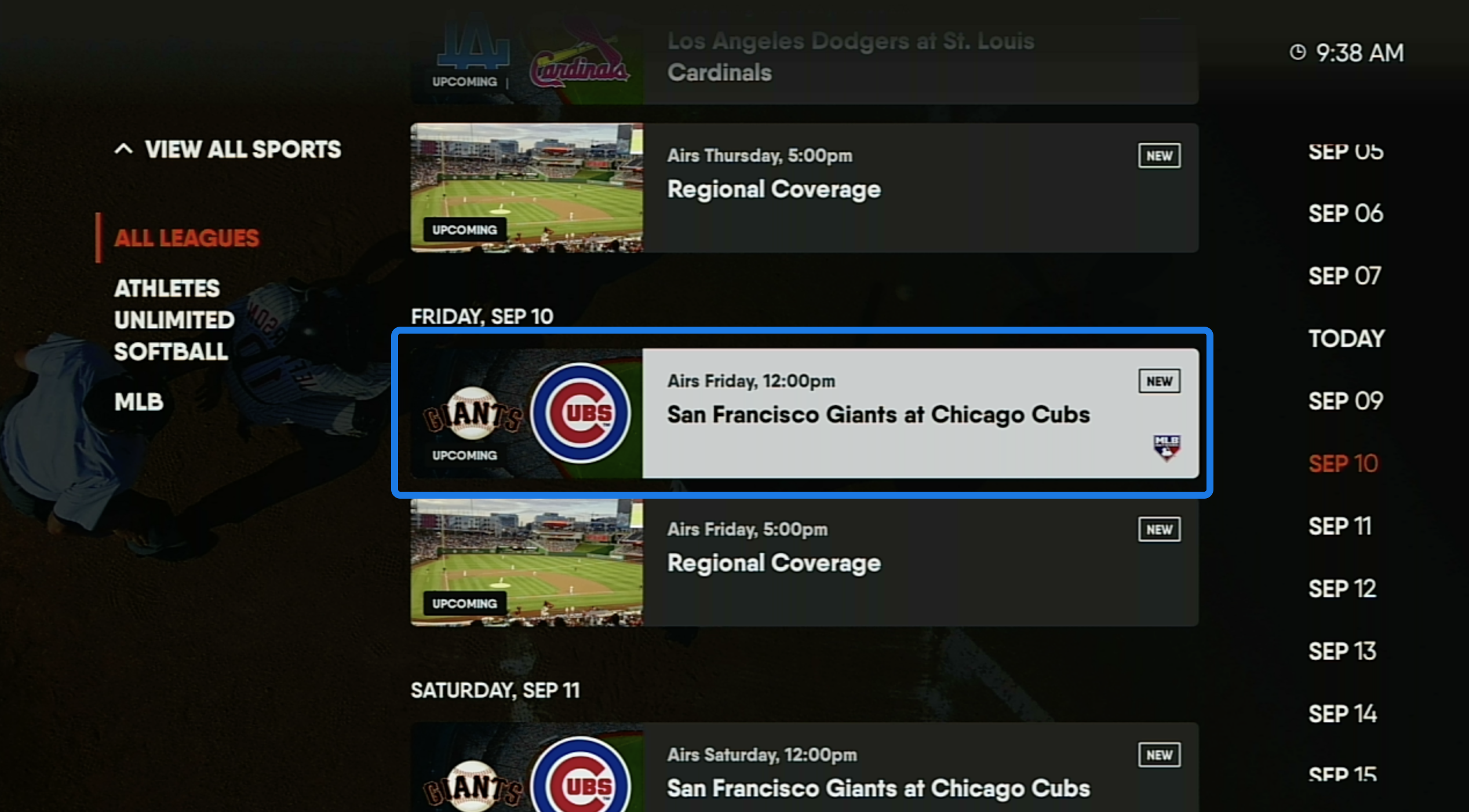 The SPORTS screen of the FuboTV app on Android TV with an upcoming baseball game highlighted