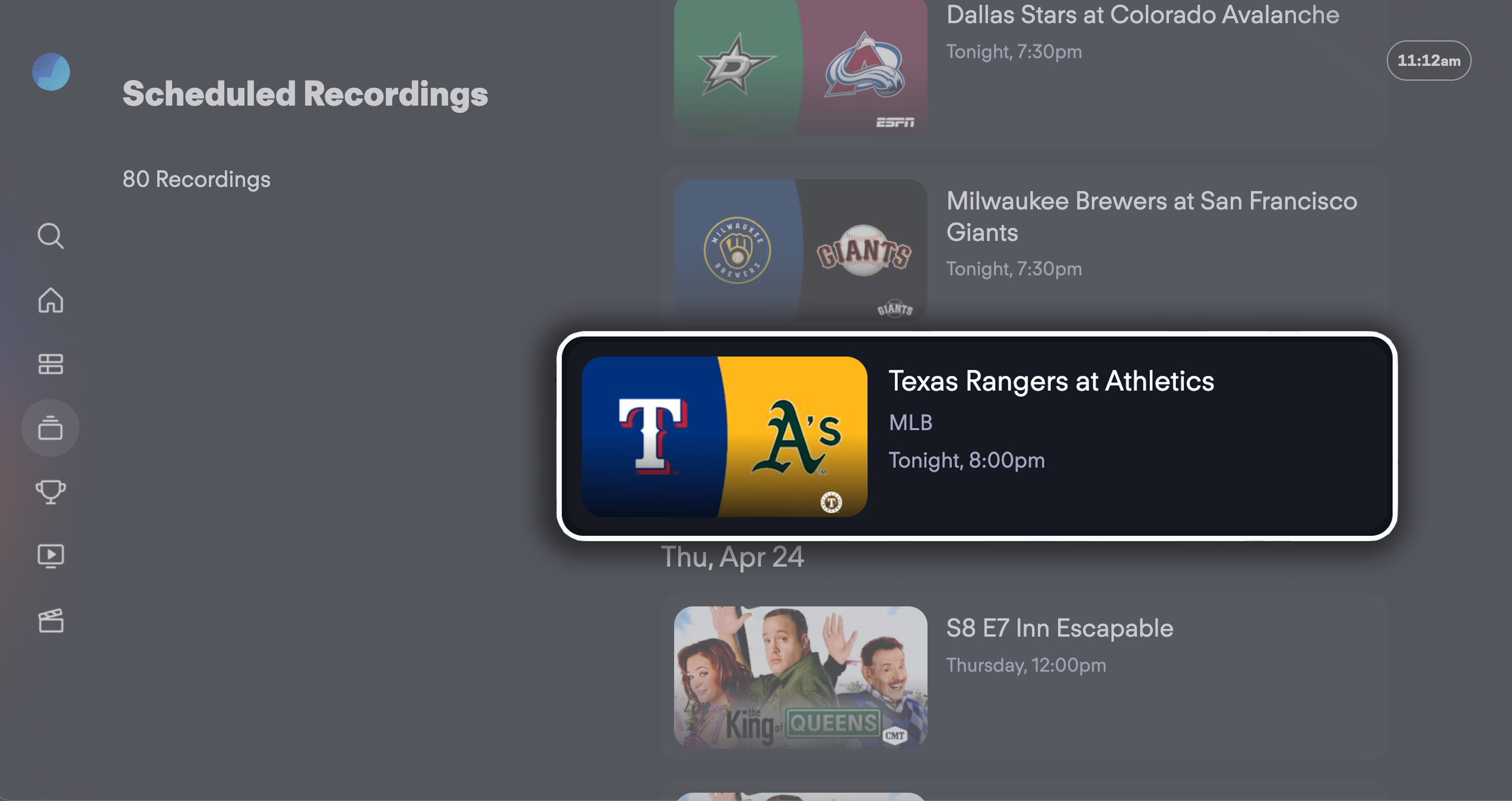 SCHEDULED recordings for a baseball team on the MY STUFF page for the FuboTV app on Amazon Fire TV