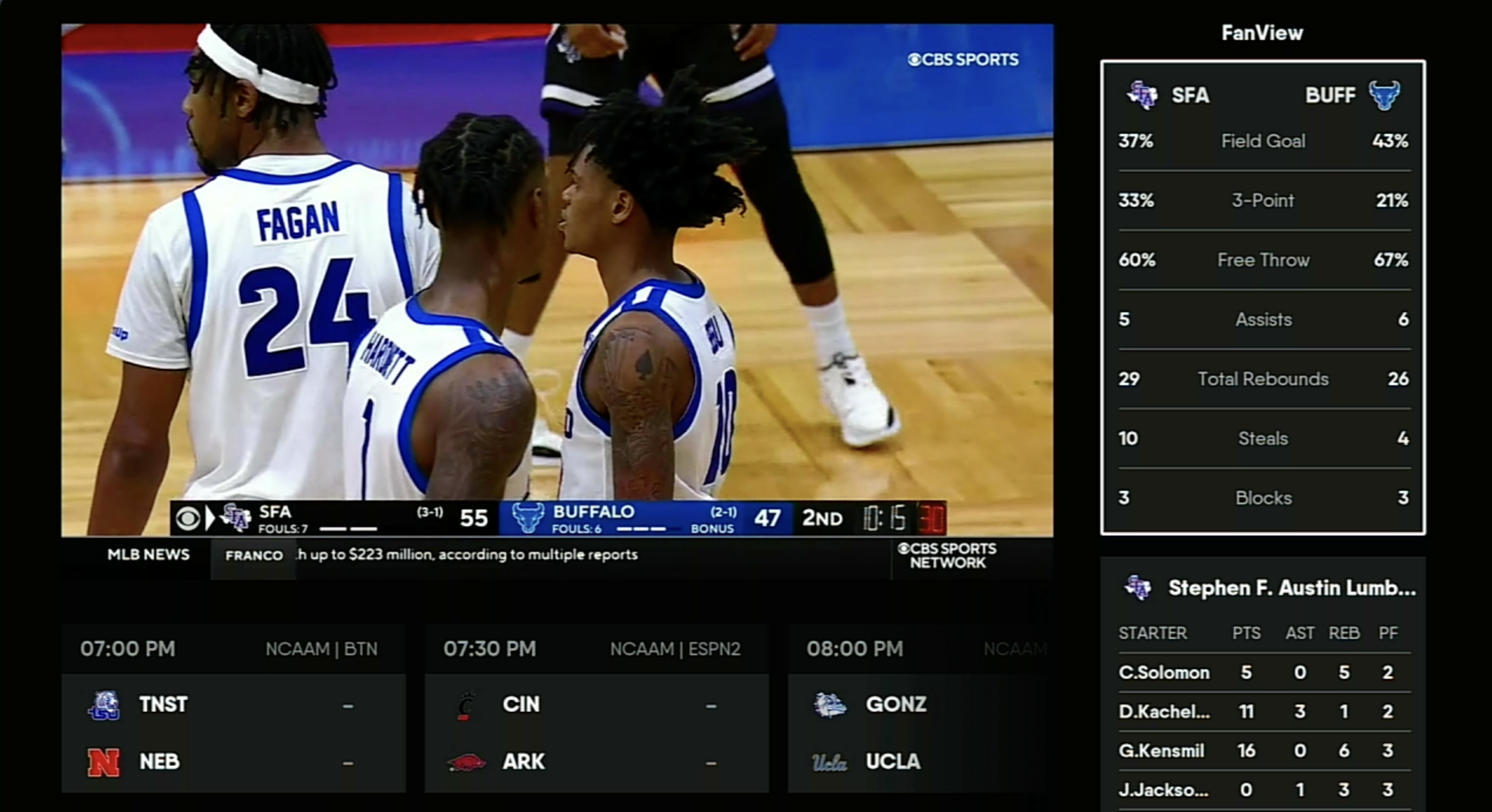 FanView on the FuboTV app for Roku with game stats highlighted at right