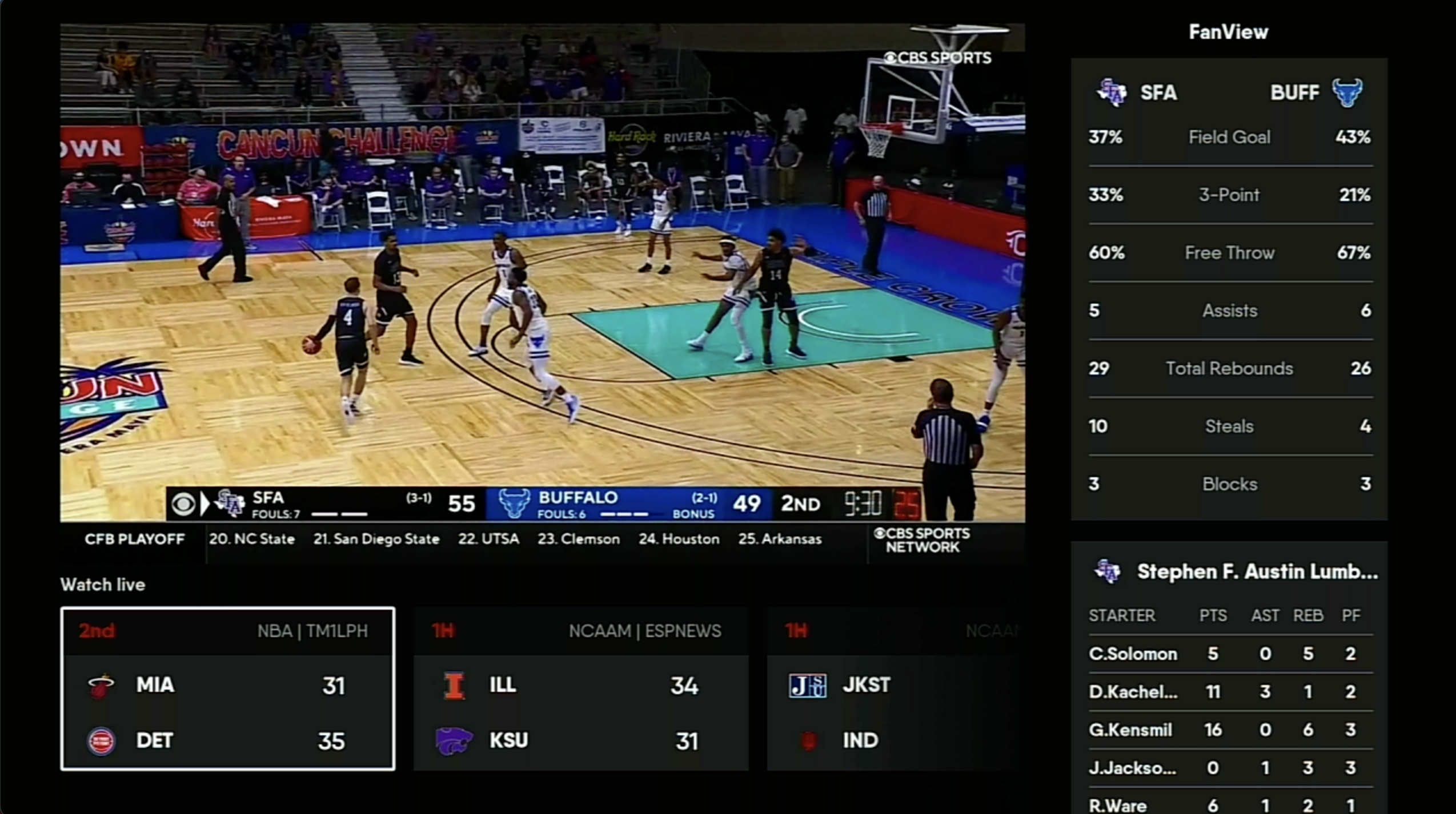 FanView on the FuboTV app for Roku with scores highlighted at bottom