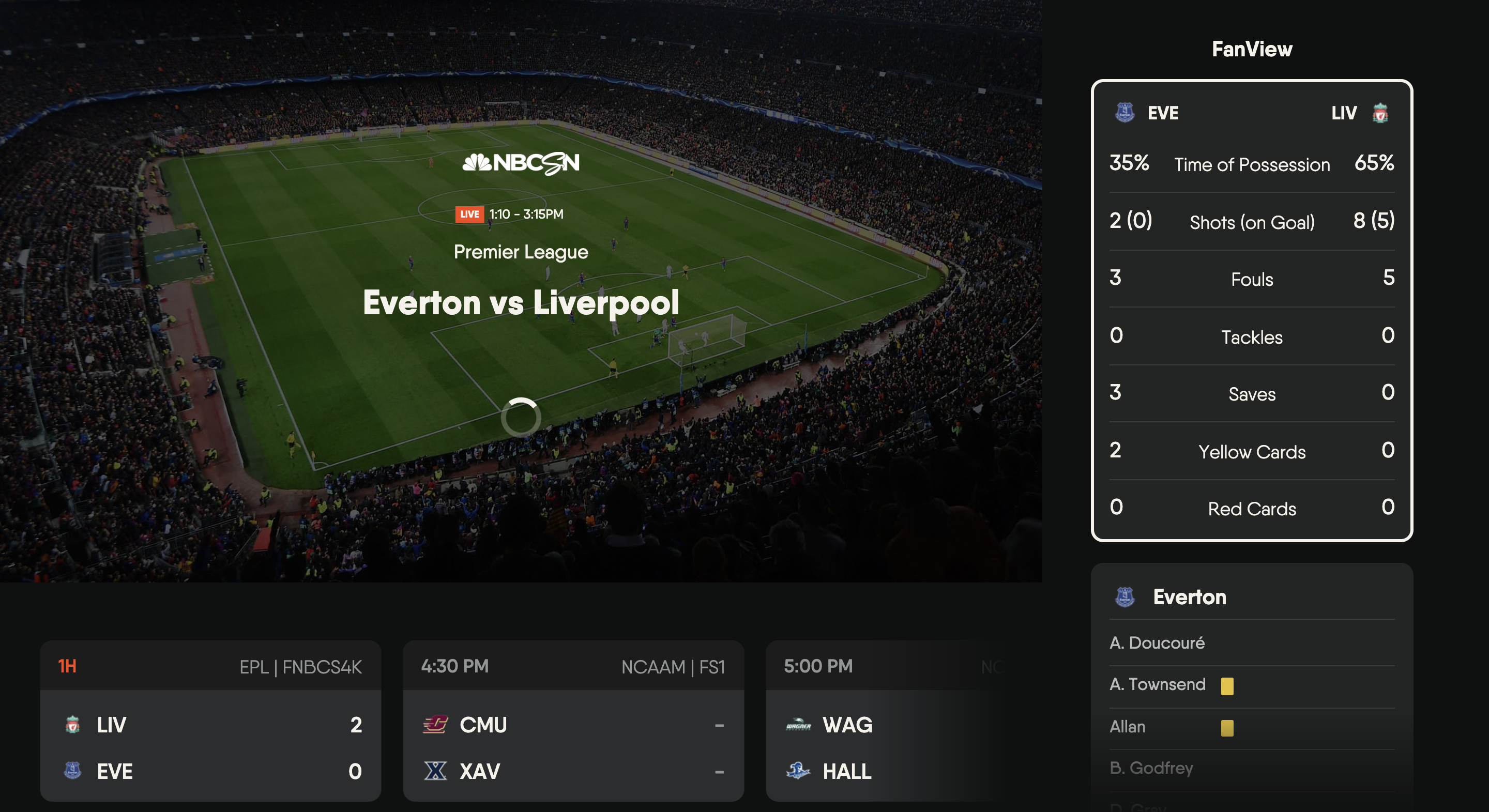 FanView on the FuboTV app for Samsung with game stats highlighted at right