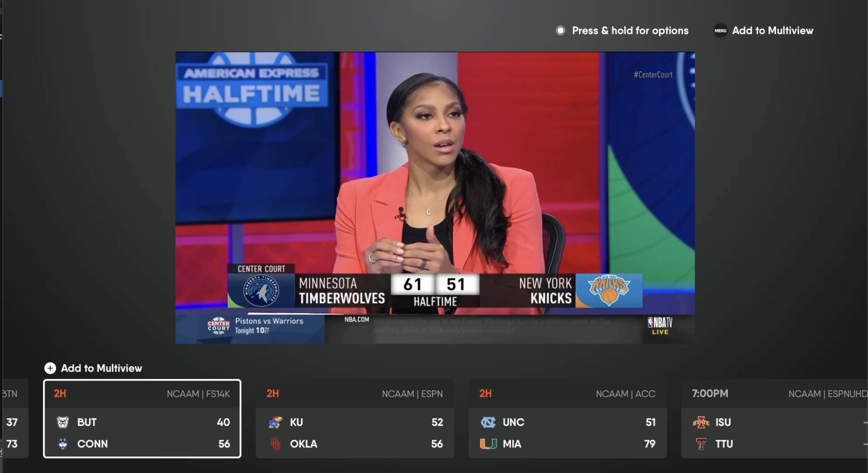 Scoreboard widget for the FuboTV app on Apple TV with an in-progress game highlighted
