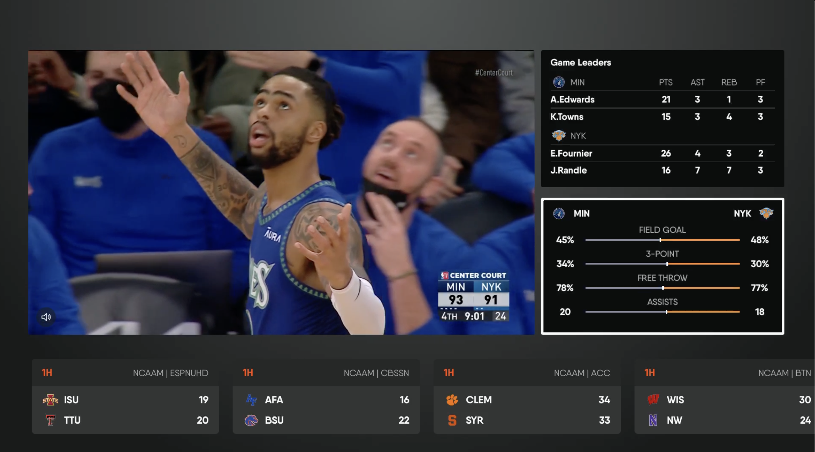 MultiView for the FuboTV app on Apple TV enabled with live video, team stats, and game stats shown on screen
