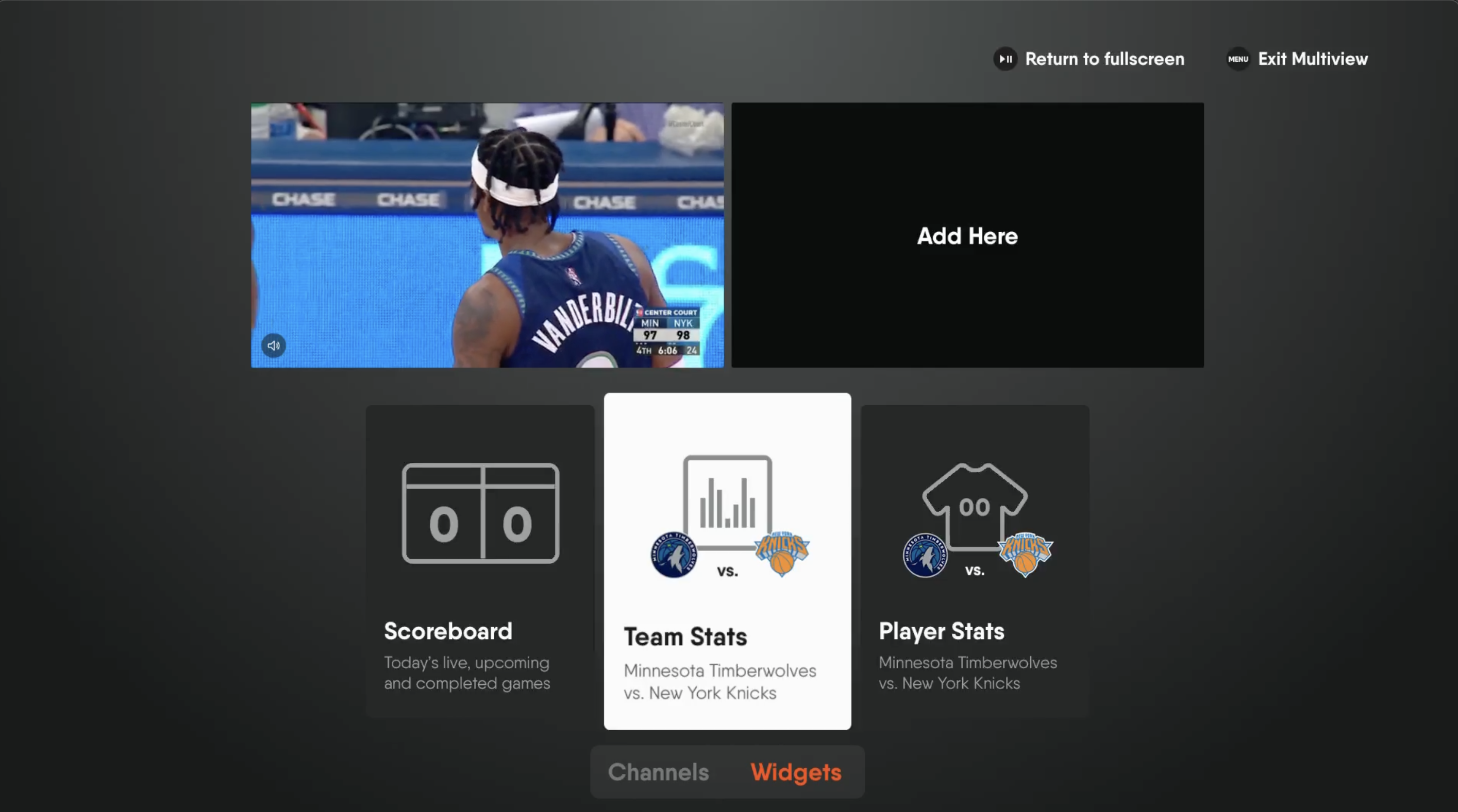Available widgets for Multiview on the FuboTV app for Apple TV; select from SCOREBOARD, TEAM STATS or PLAYER STATS